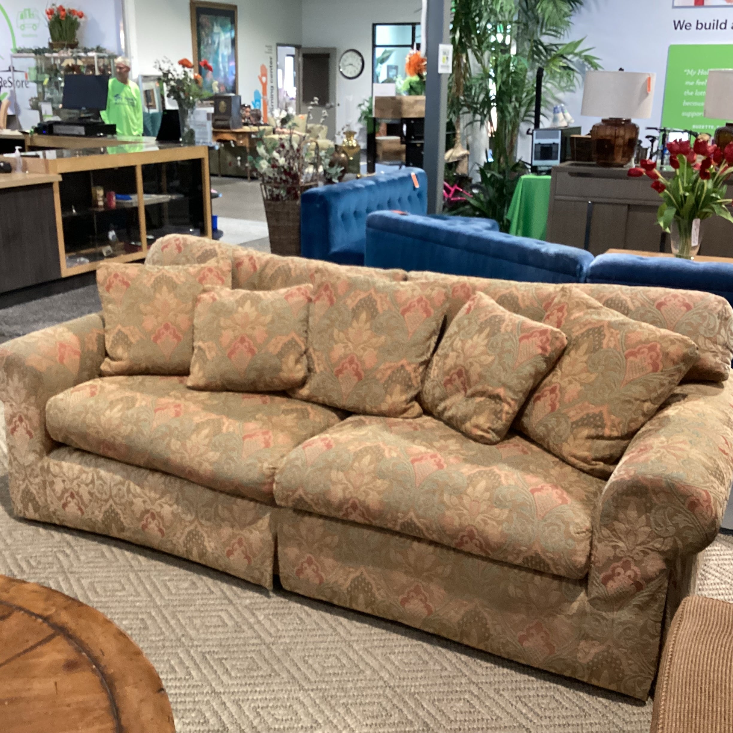 Custom Gold Orange Green Ornate Floral Down Mix Sofa 96"x 42"x 31"