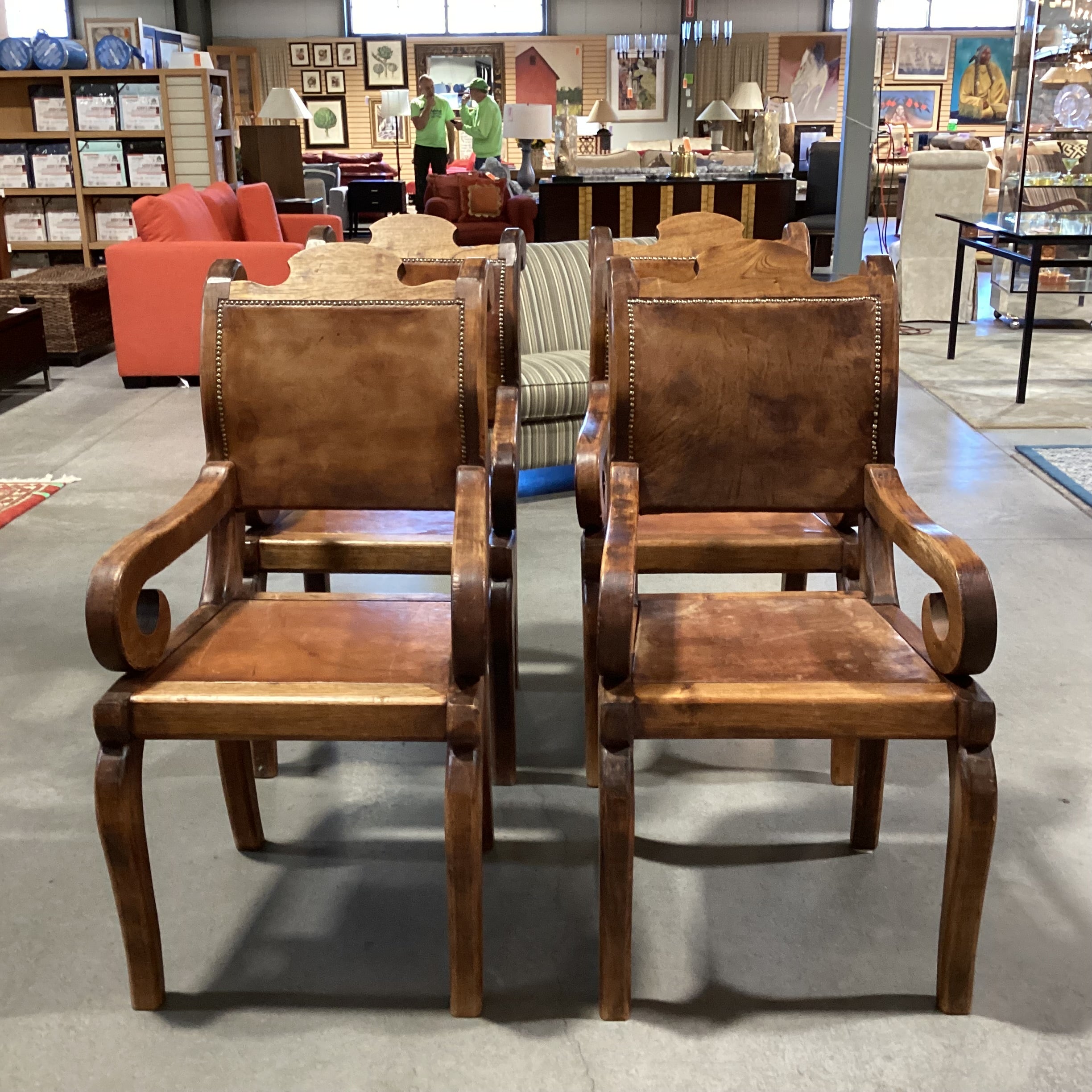 SET of 4 Rustic Distressed Carved Wood & Leather Nailhead Scroll Arm Dining Chairs 22"x 28"x 41"