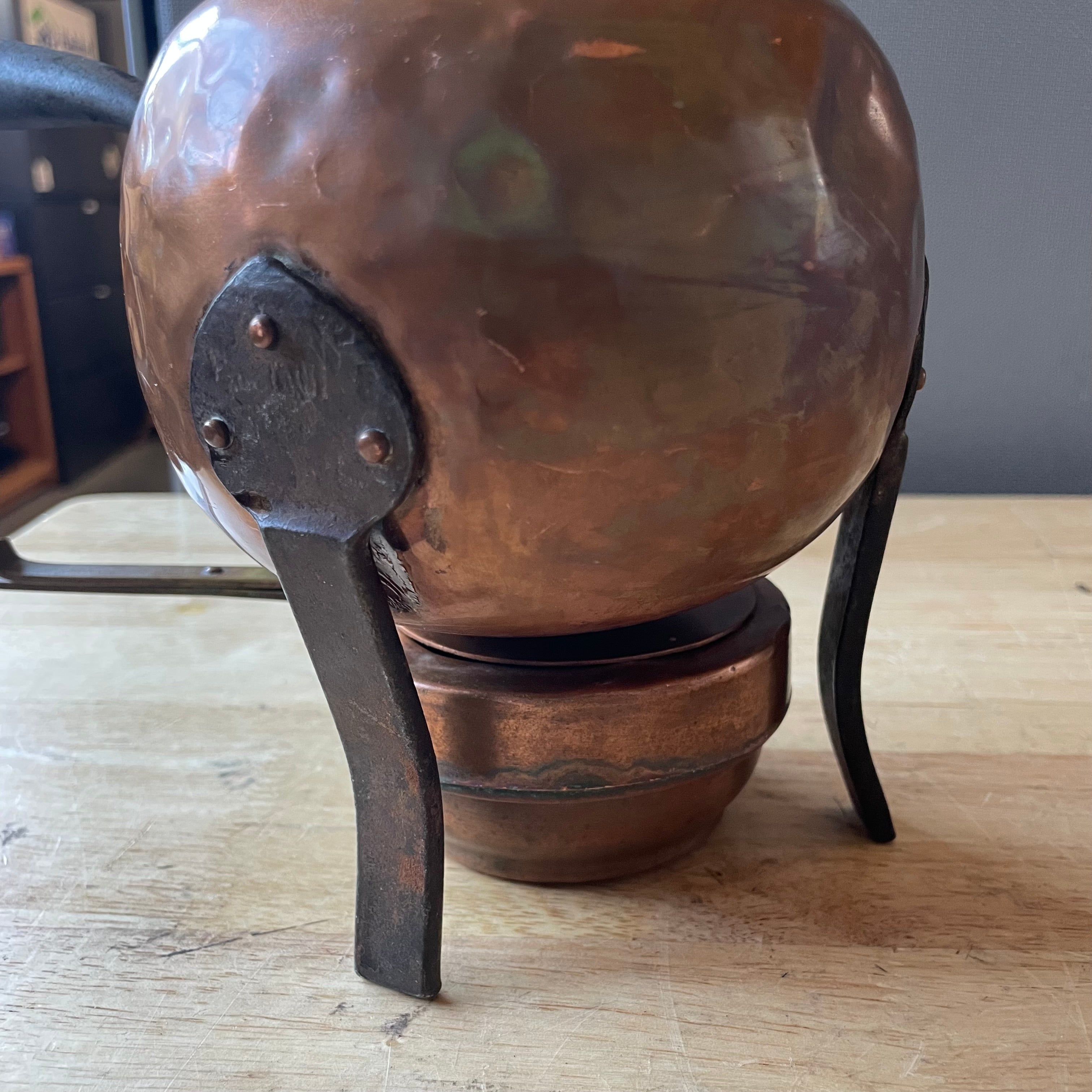 Antique Swedish Copper/Cast Iron Footed Tea Pot with Matching Copper Burner Base, 10"x 8"x 8.5"