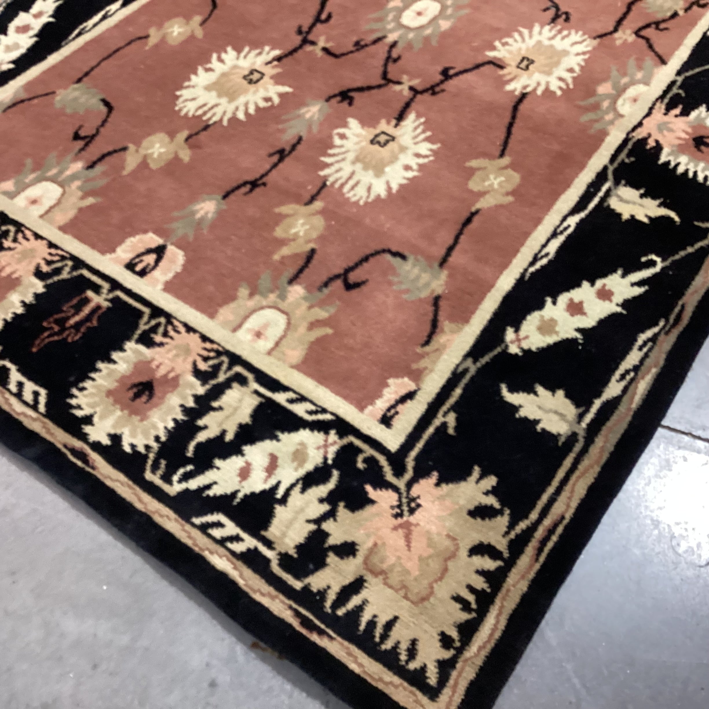 Blush Cream Sage Floral with Black Border Hand Woven Nepal Wool Rug 5'5"x 11'11"