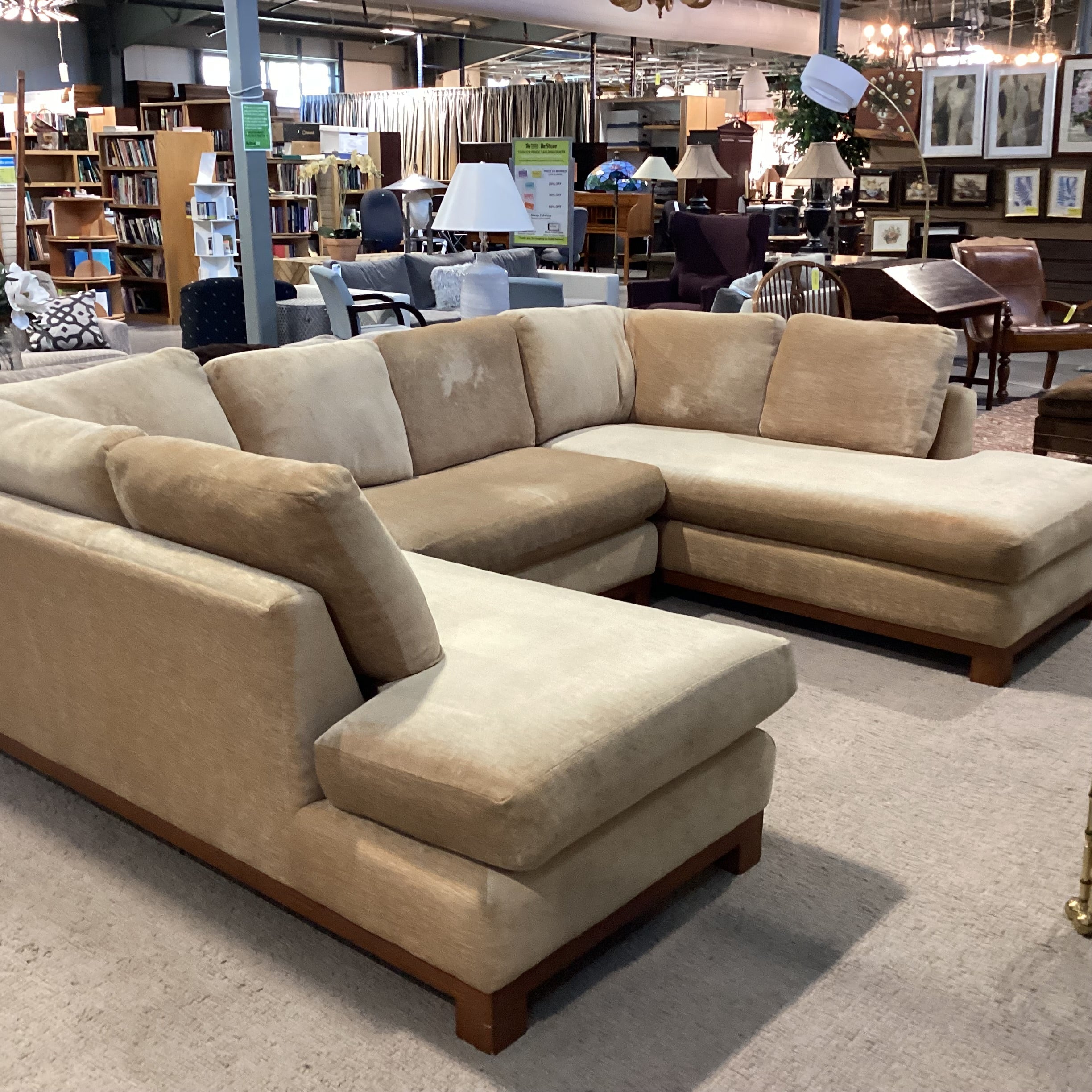 Golden Chenille Woven with Wood Base 3 Piece with End Chaises Sectional 84"x 121"x 84"x 37"x 28"