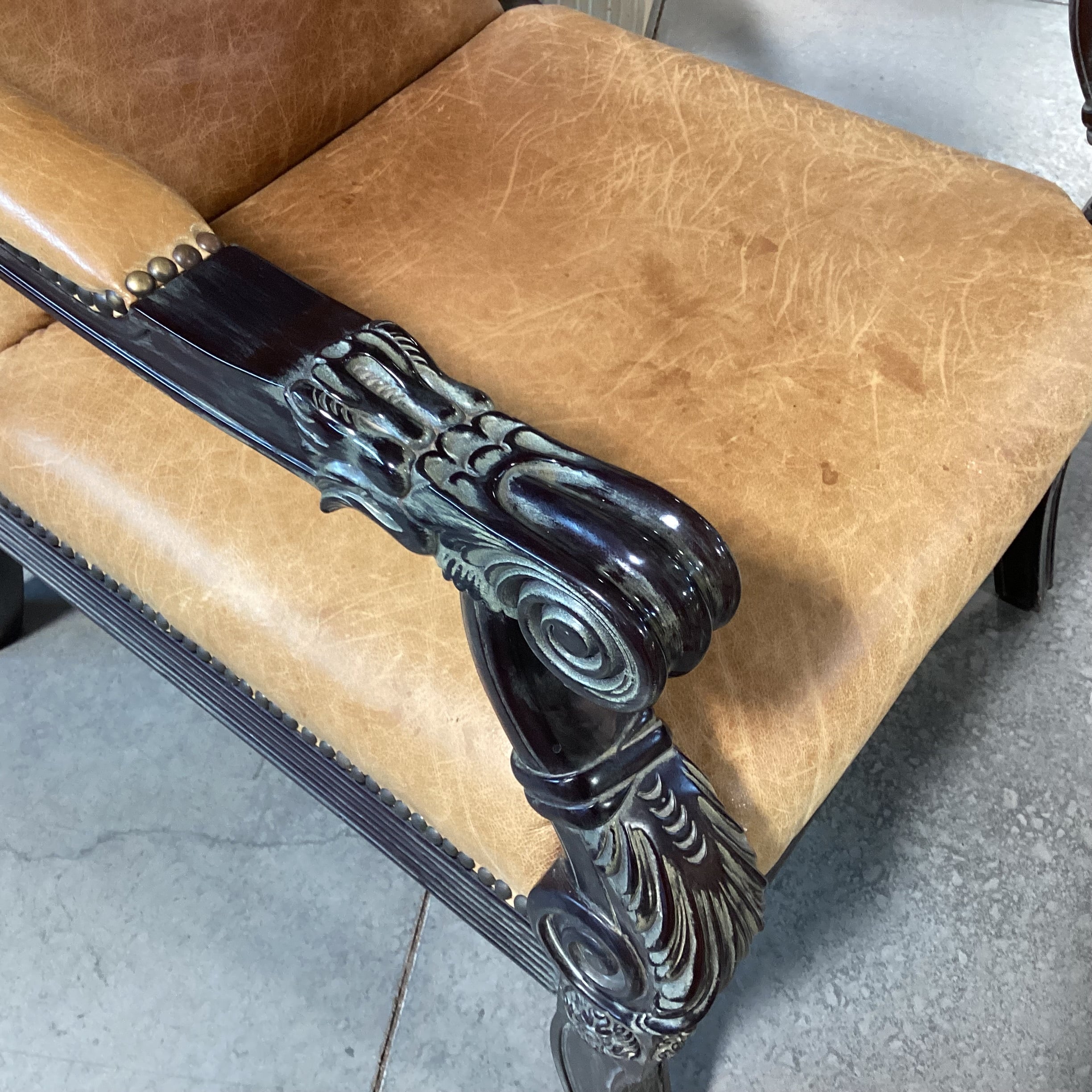Ornate Dark Finish Carved Wood & Leather Chair 29"x 34"x 39"