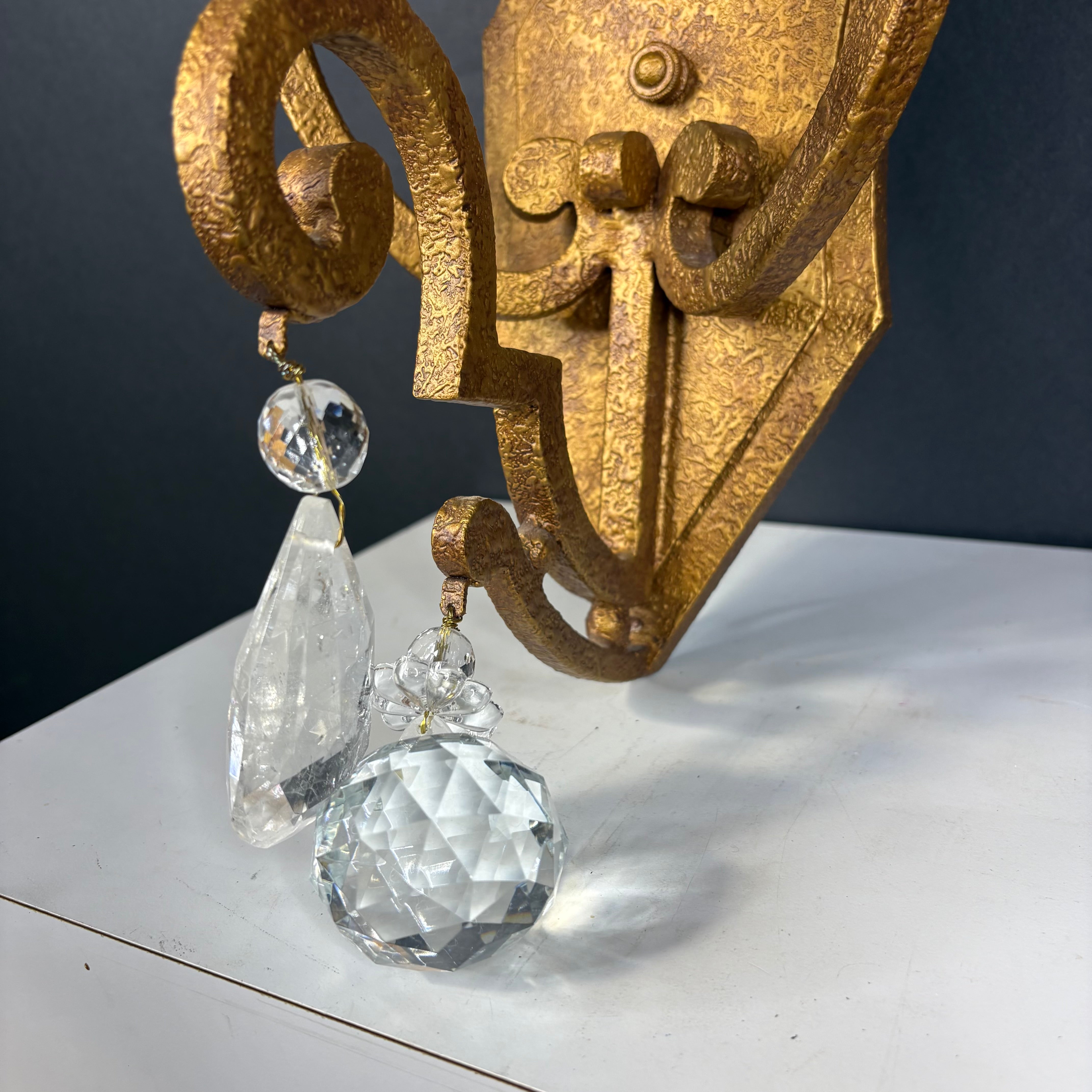 Hollywood Regency Style 1-Light Textured Gold Finish Metal and Crystal Accents with Shade Wall Sconce 8”x 26”x 7.5”