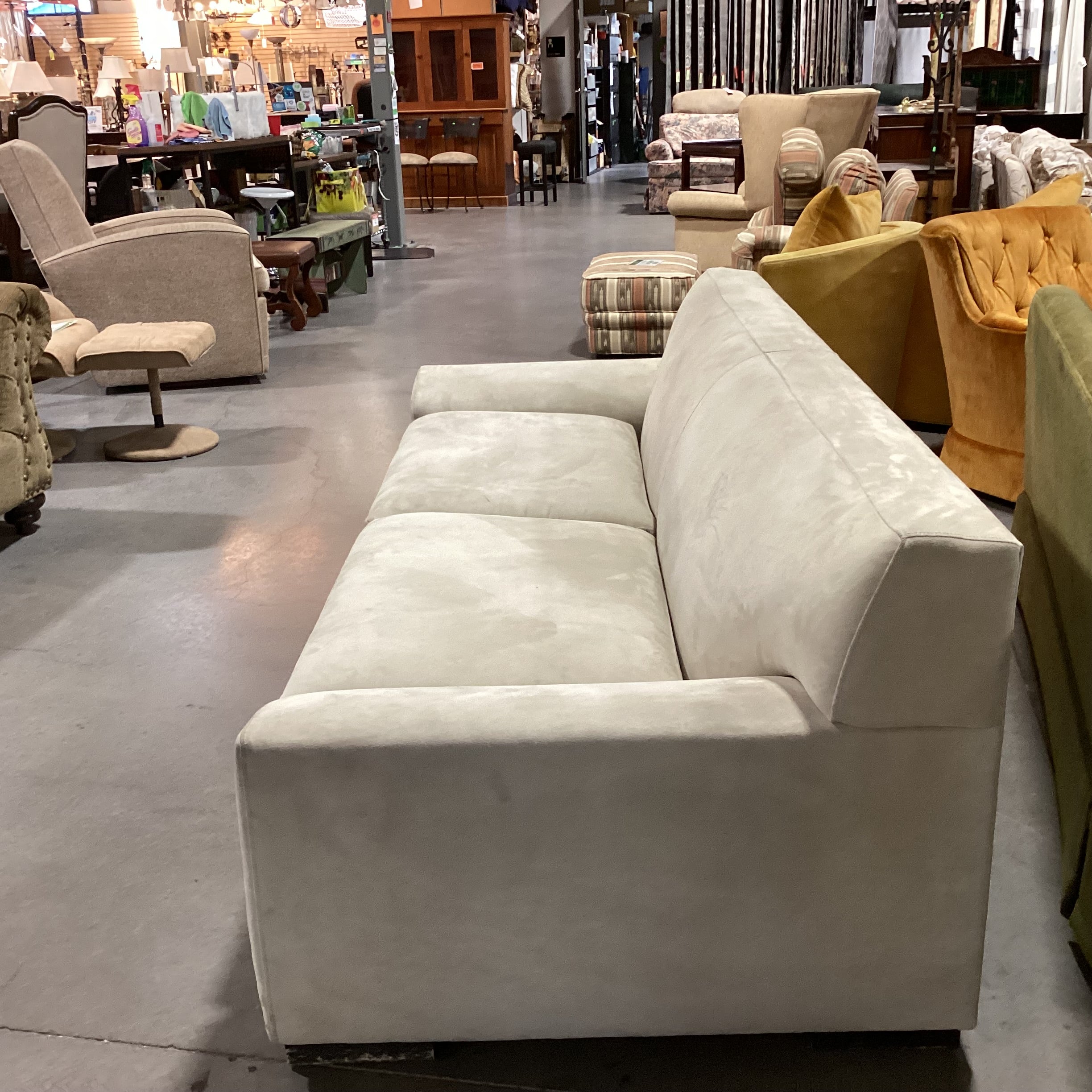 Custom Beige Ultra Suede Low Profile Modern Sofa 87"x 37"x 29.5"