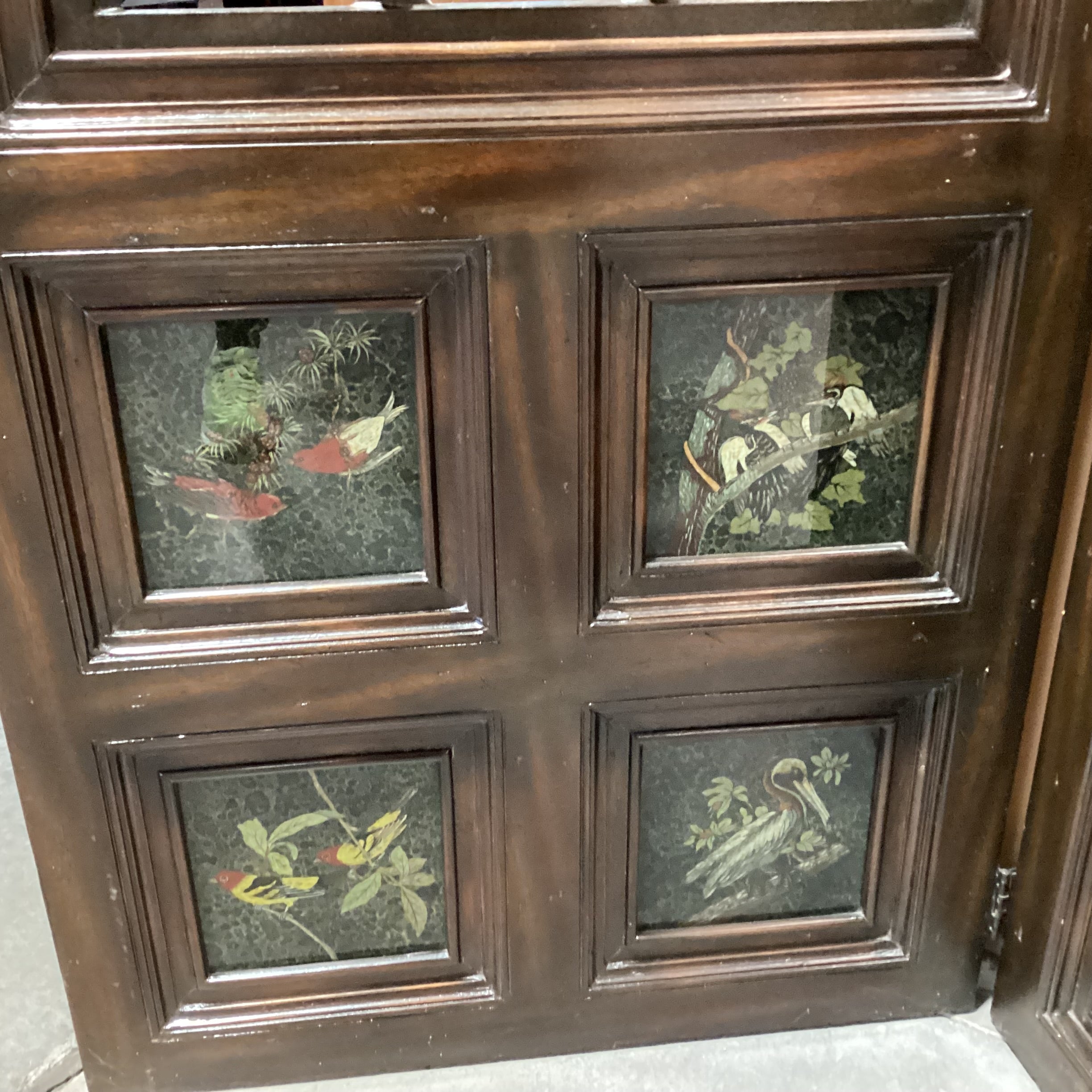Maitland Smith Carved Wood Metal Lattice & Bird Painted Glass Panes 3 Panel Room Divider 26"x 91.5" Per Panel