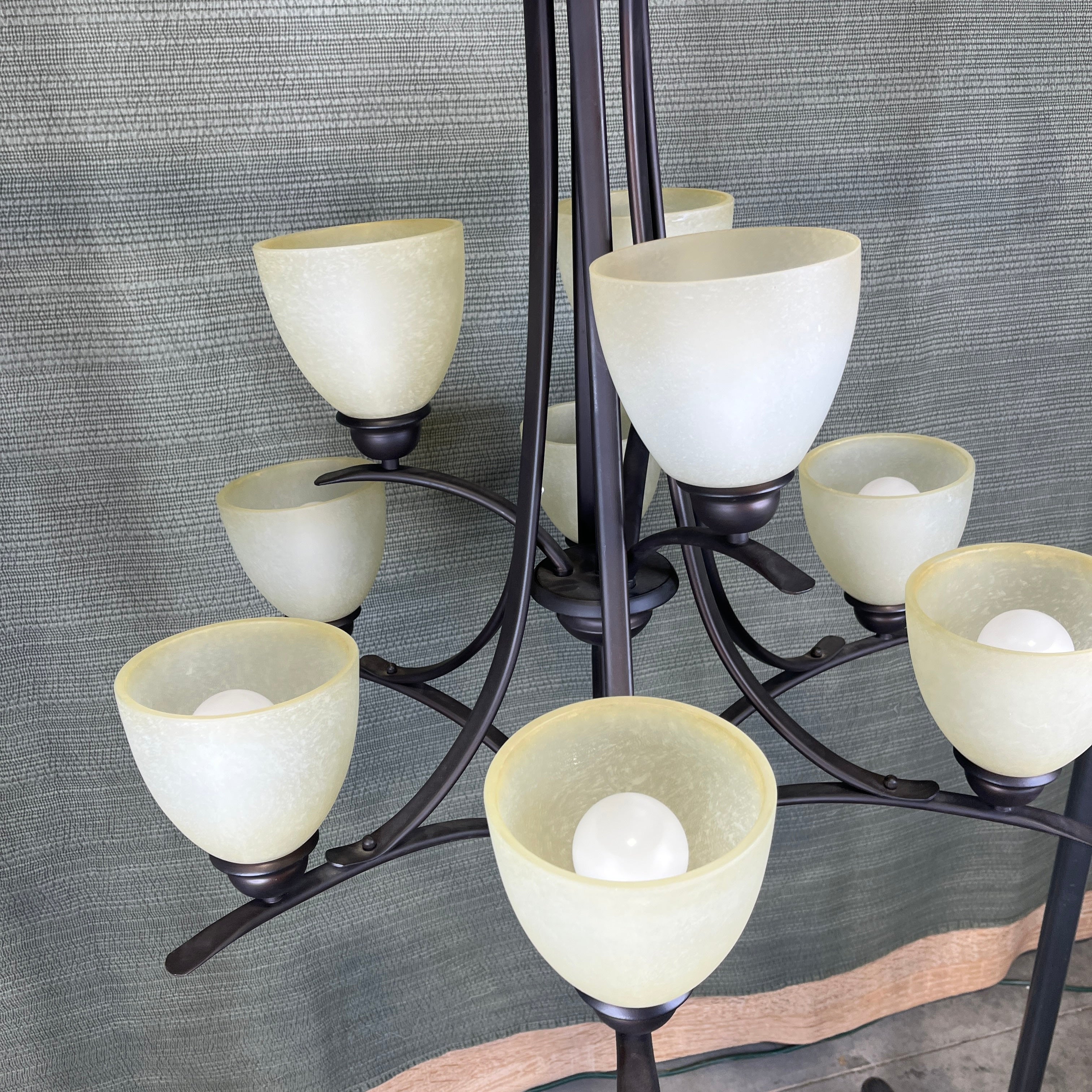 Traditional Tiered 9-Light Bronze with Frosted Glass Shades Chandelier 29” Diameter x 35” - 45”