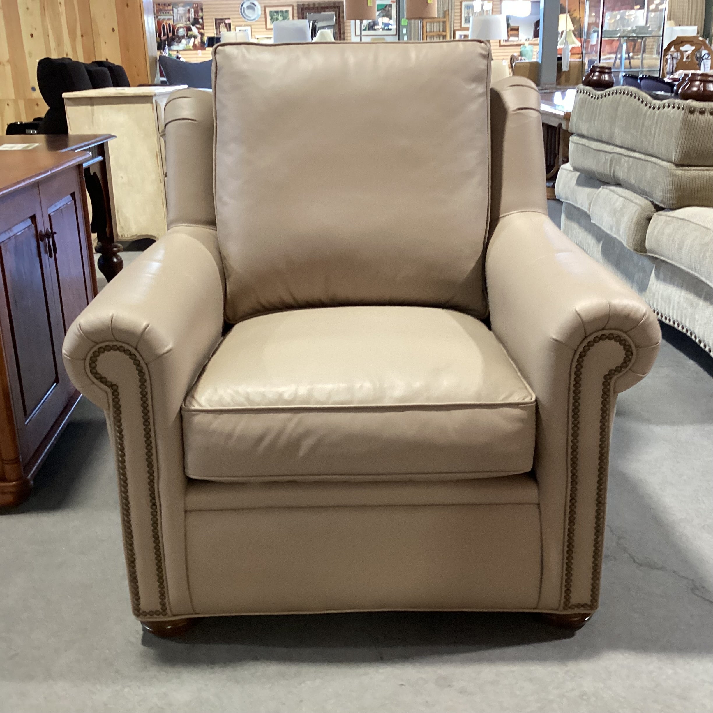 Bradington Young Taupe Leather Nailhead Chair 40"x 42"x 38"