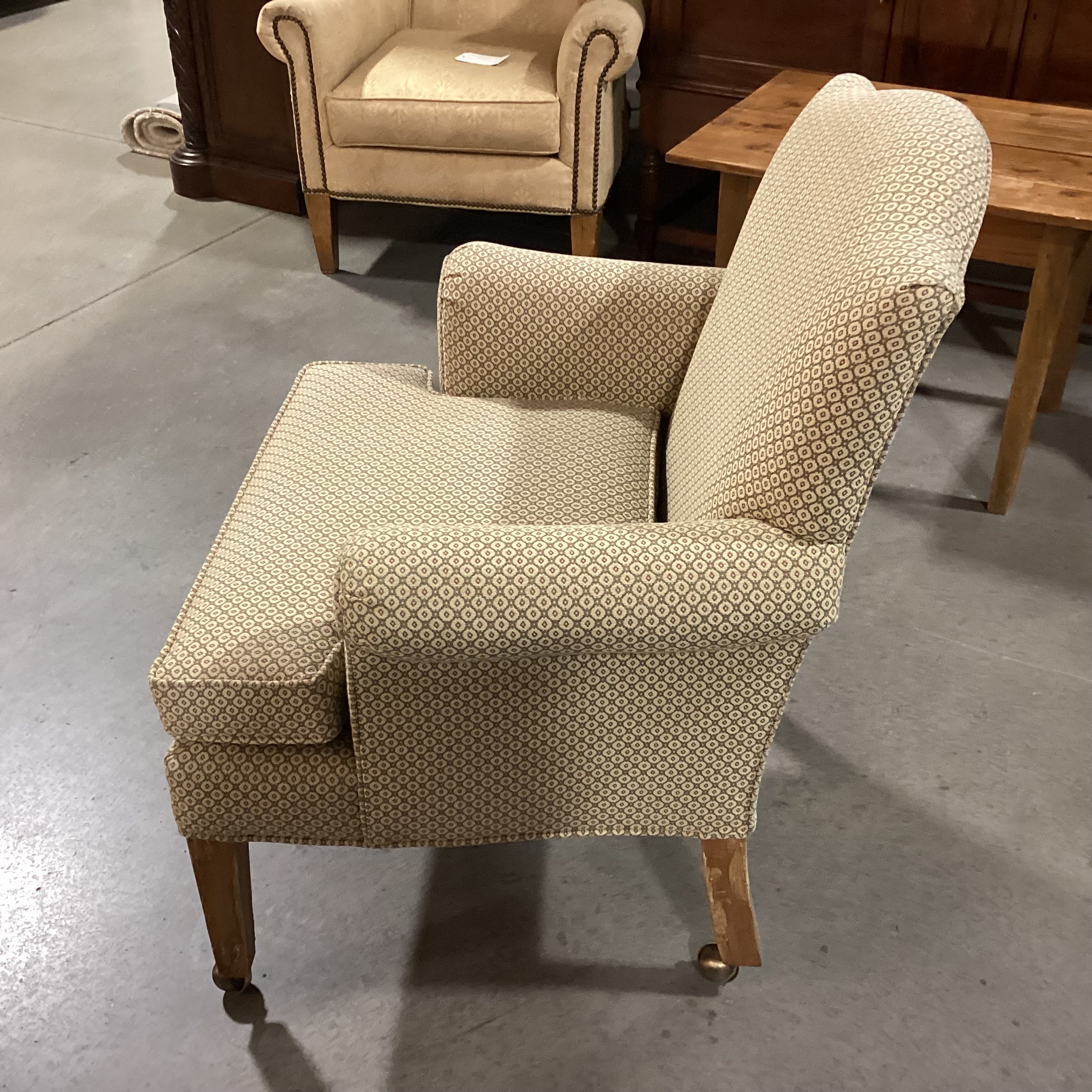 Dindy Foster Interiors Cream & Sage Pattern on Casters Accent Chair 31"x 28"x 36.5"