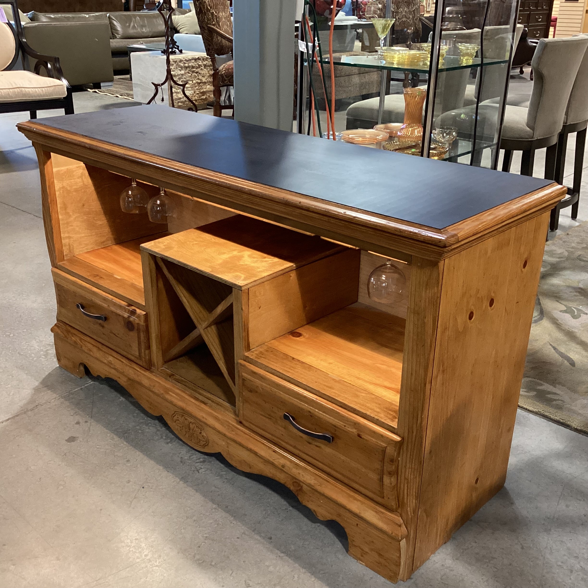 Carved Pine with Black Top Glass Slots Wine Rack 2 Drawer & Lighted Bar Buffet 54"x 18"x 30"