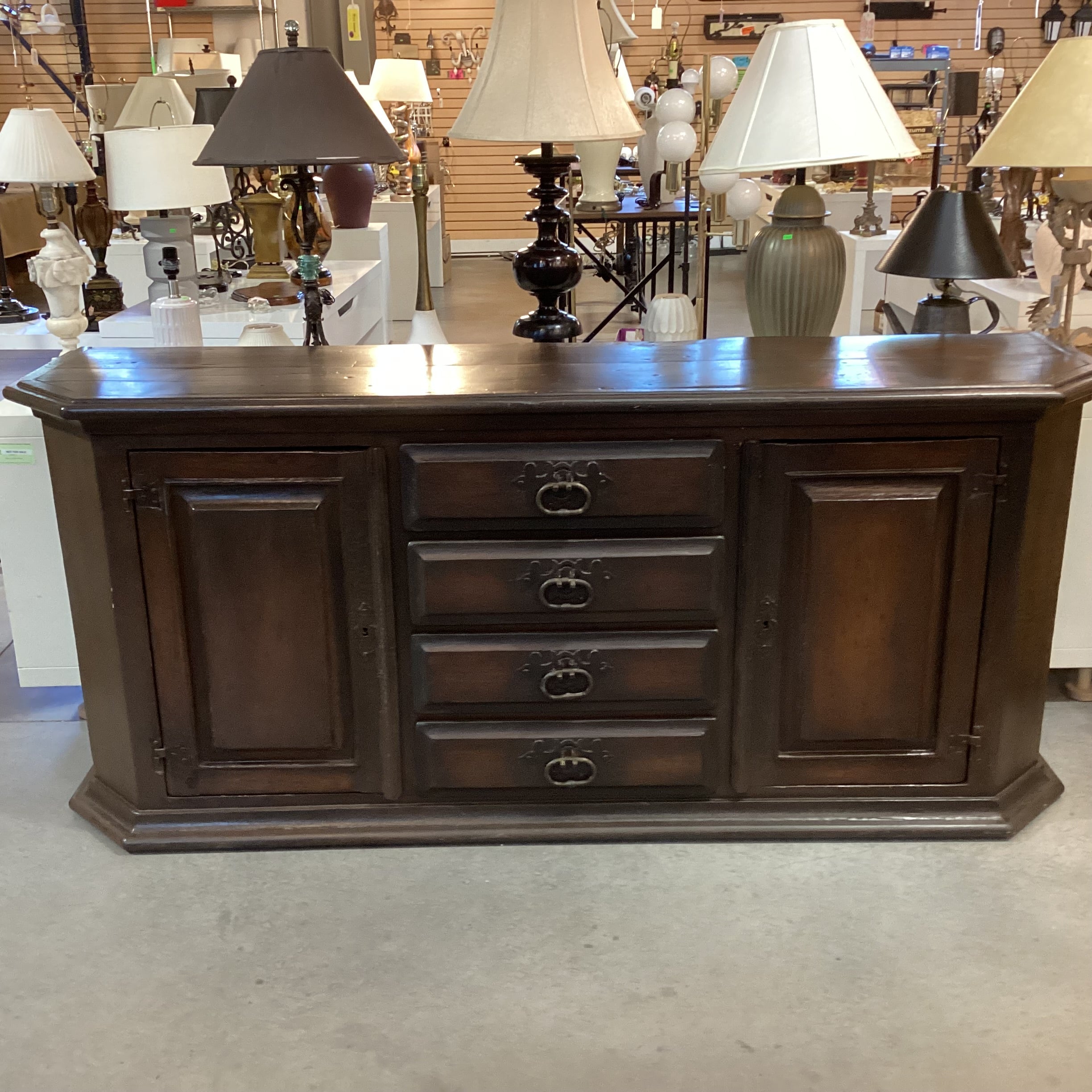 Vintage Antique Carved Wood with Iron Accent 4 Drawer 2 Door Buffet Sideboard 83"x 22"x 36.5"