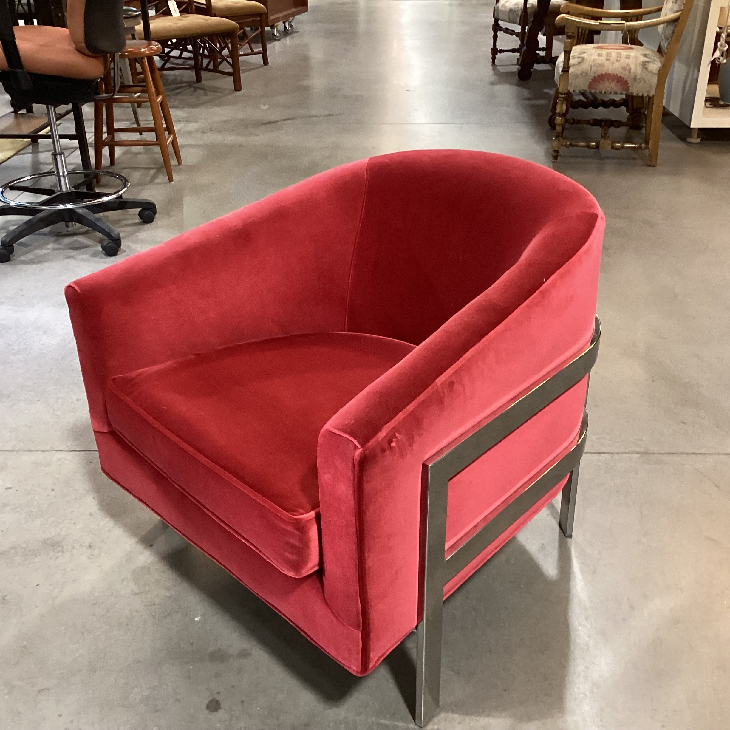 Mitchell Gold & Bob Williams Red Velvet & Chrome Chair 31"x 34"x 30"