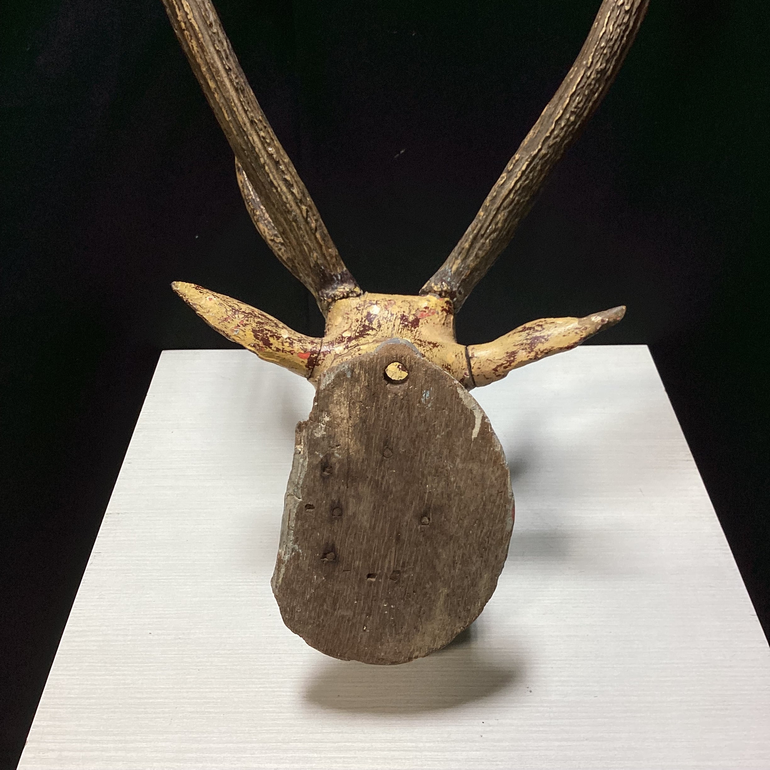 Antique - Vintage Carved Wood Deer Head With Real Antlers 14" x 28"