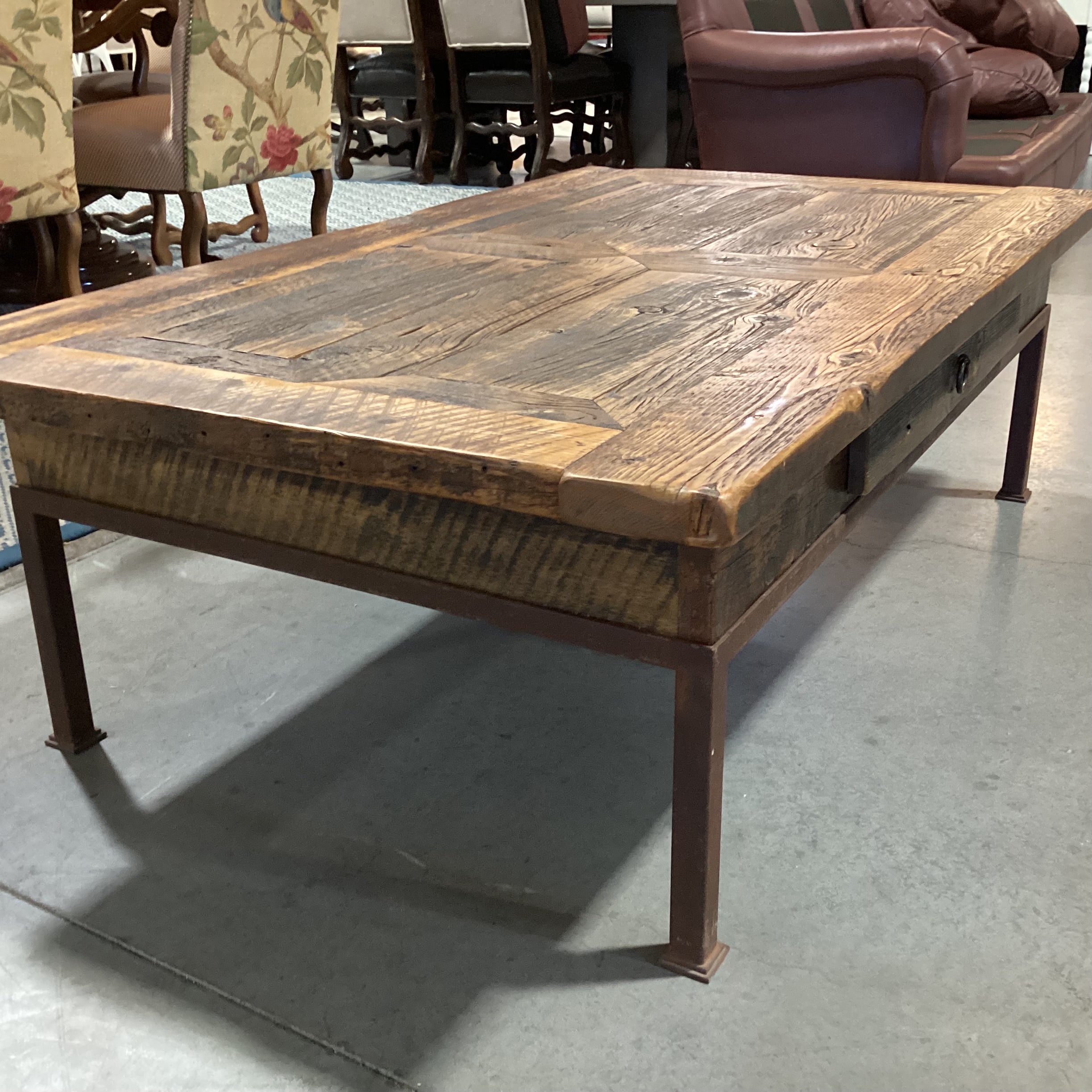 Custom Crafted Reclaimed Wood 1 Drawer with Iron Base CoffeeTable 56"x 34"x 18"