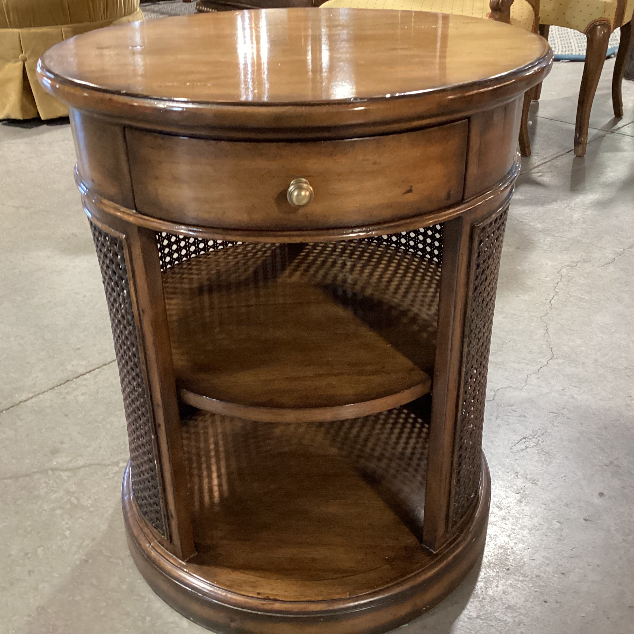 Round Finished Wood & Caning 1 Drawer with Shelves End Table 20" Diameter x 24"