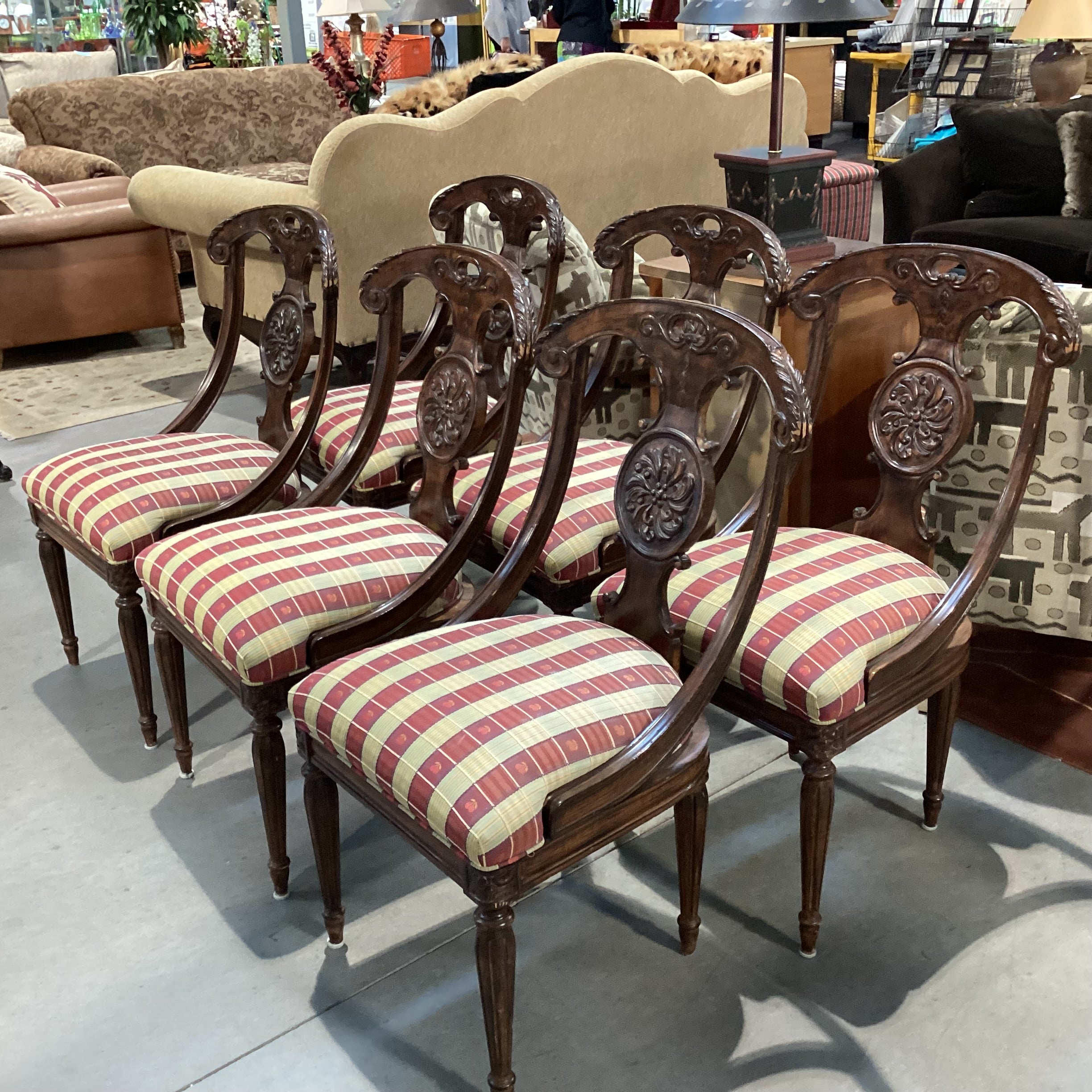 SET of 6 Ornate Carved Wood & Gold Red Cherry Ribbon Dining Chairs 20"x 24"x 38"