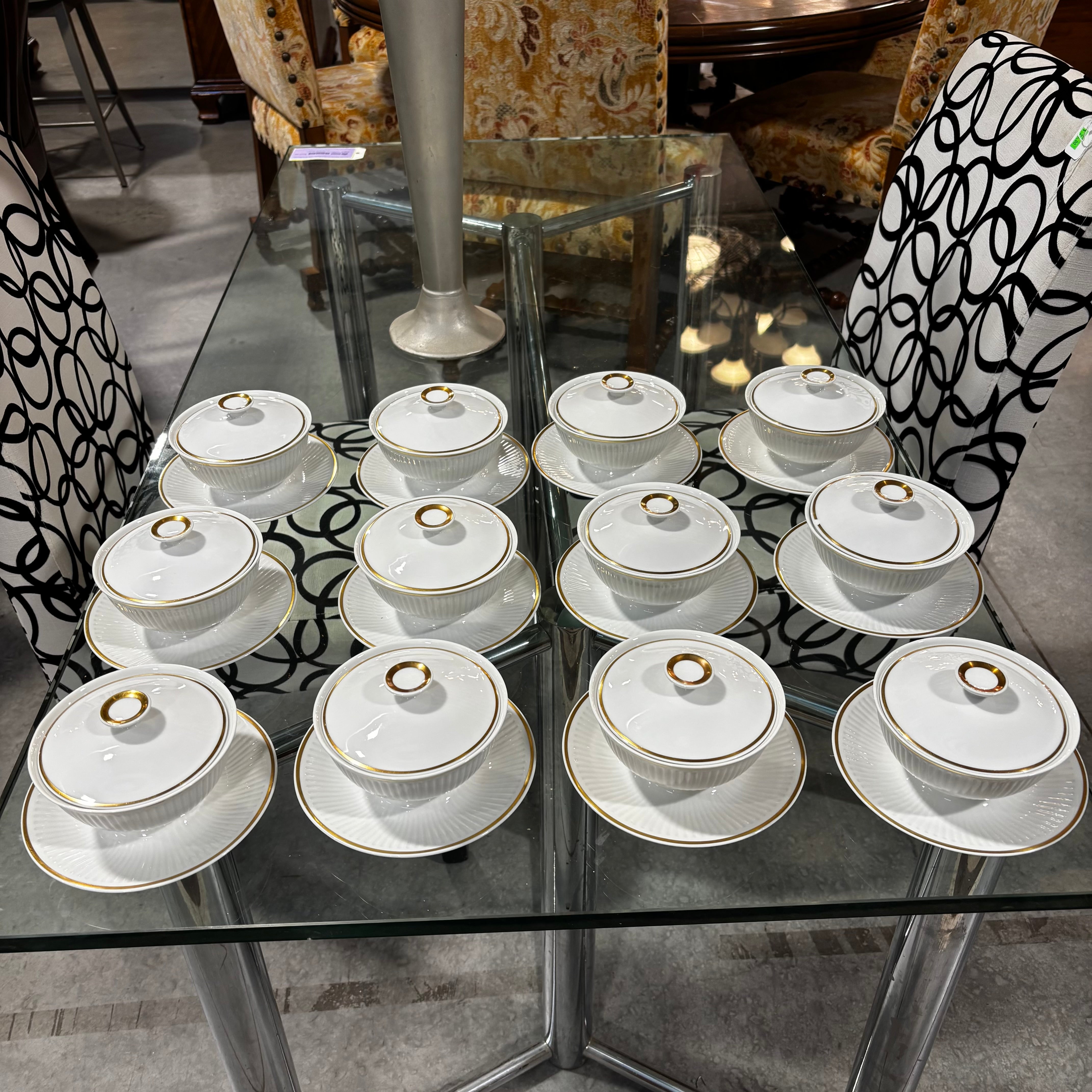 Set of 12 Antique Royal Copenhagen"Tunna" Lidded Consomme Bowls with Attached Under Plates White/Gold Trim #1277