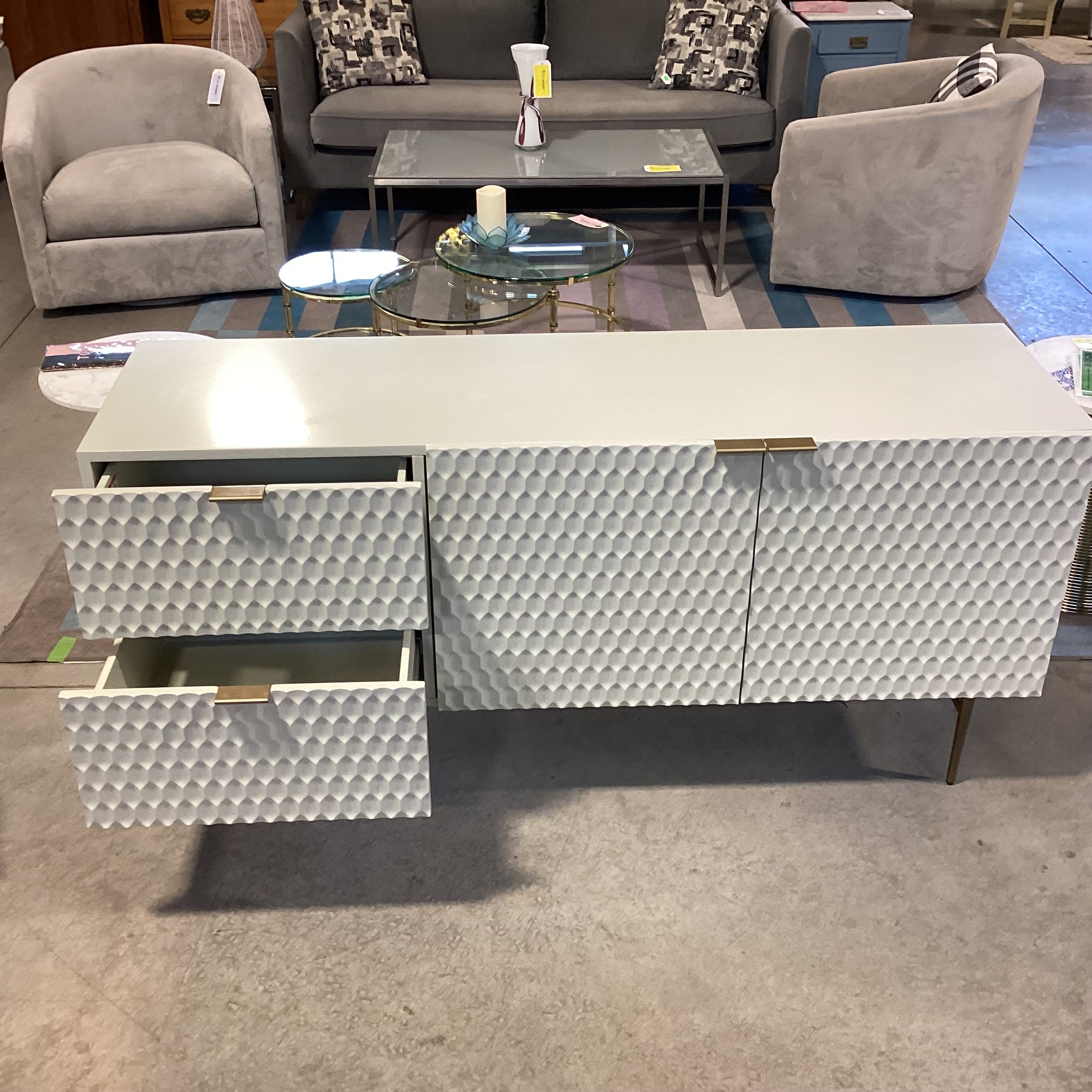 Williams Sonoma Audrey Parchment Kiln Dried Engineered Wood & Antiqued Brass Metal Handles Buffet 62"x 19"x 29.5"