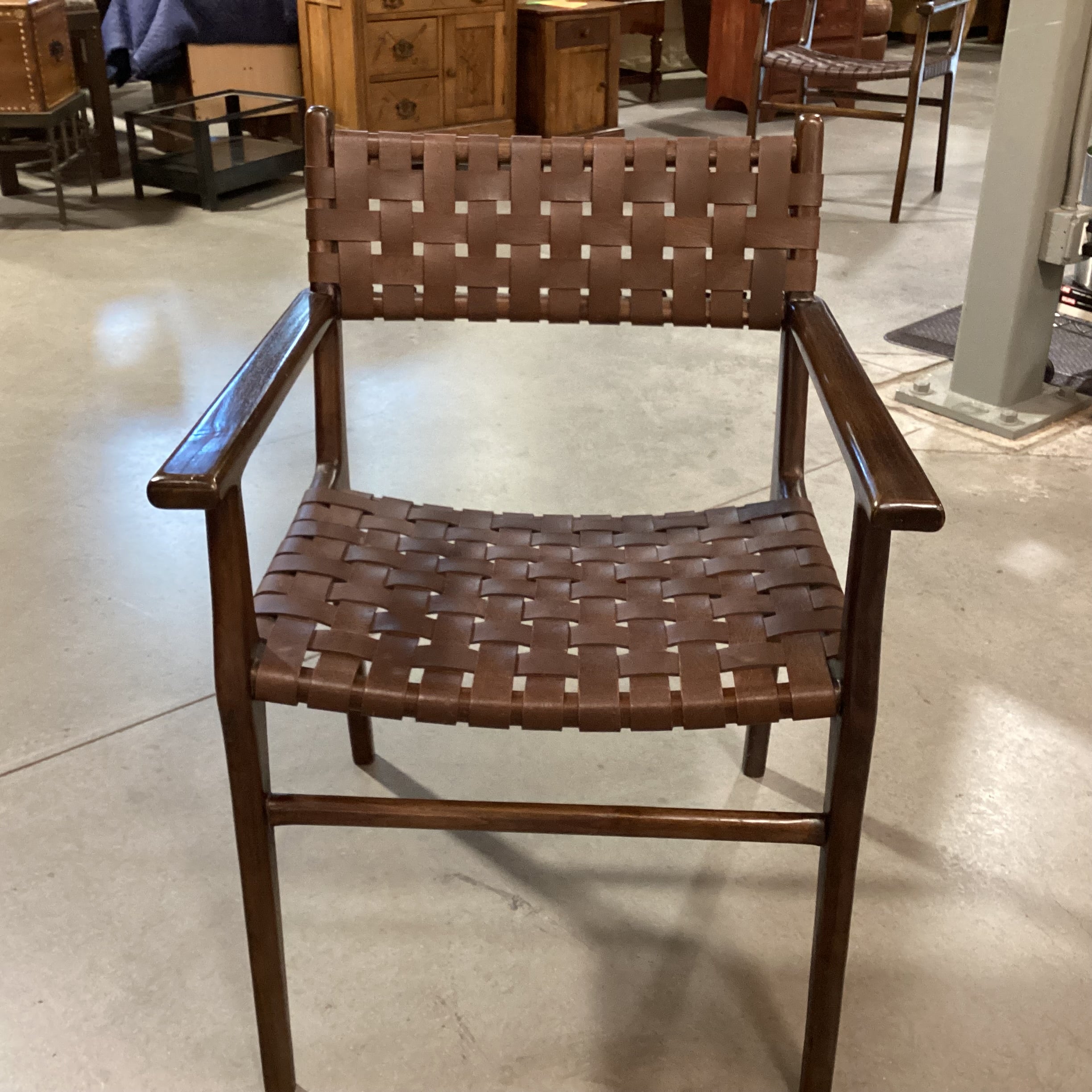 Mid Century Style Dark Finish Wood & Leather Basket Weave Chair 24"x 24"x 34"