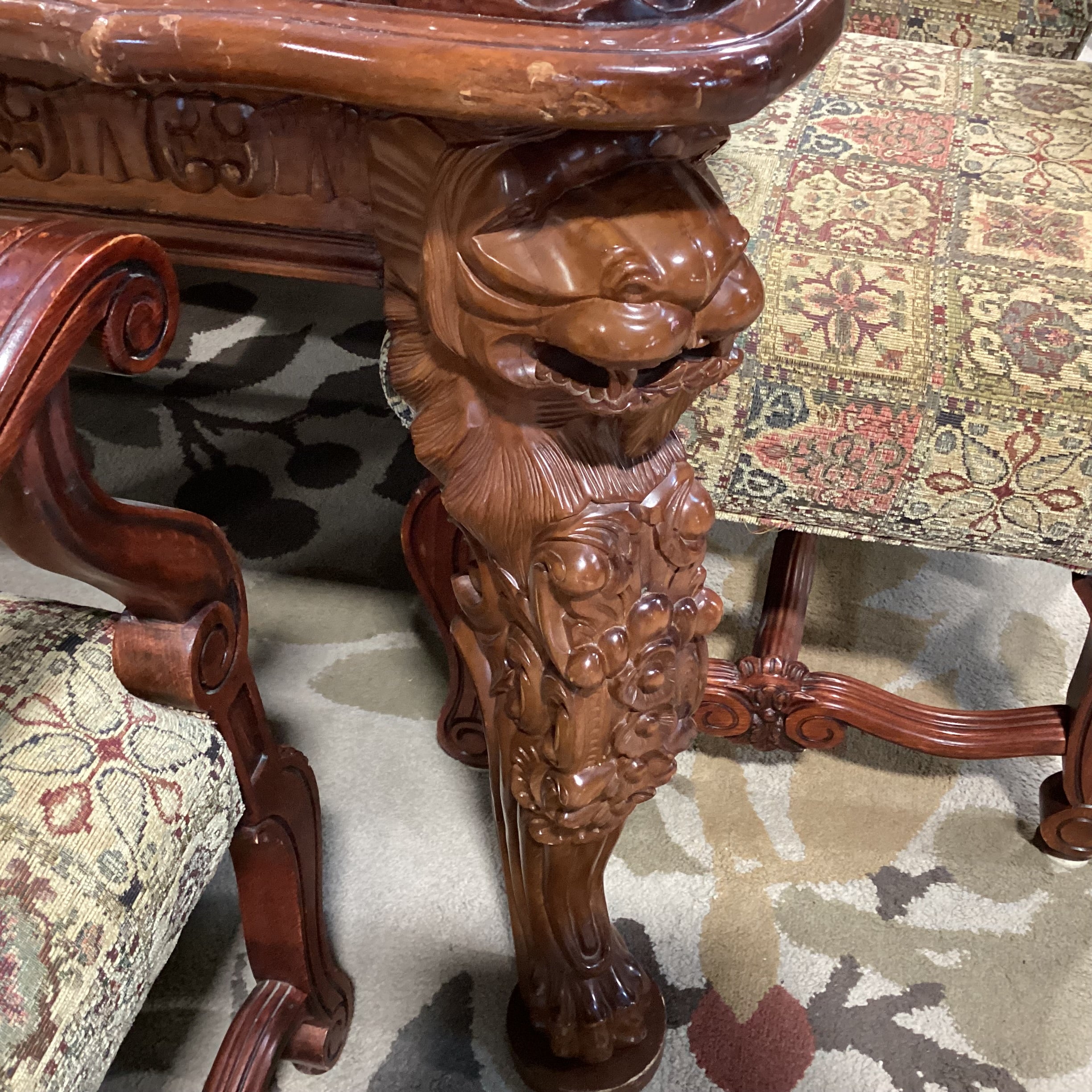 White Rose Ornate Carved Lionshead 2 Leaves Table with 8 Chairs Dining Set 102" to 138"x 48"x 31.5"