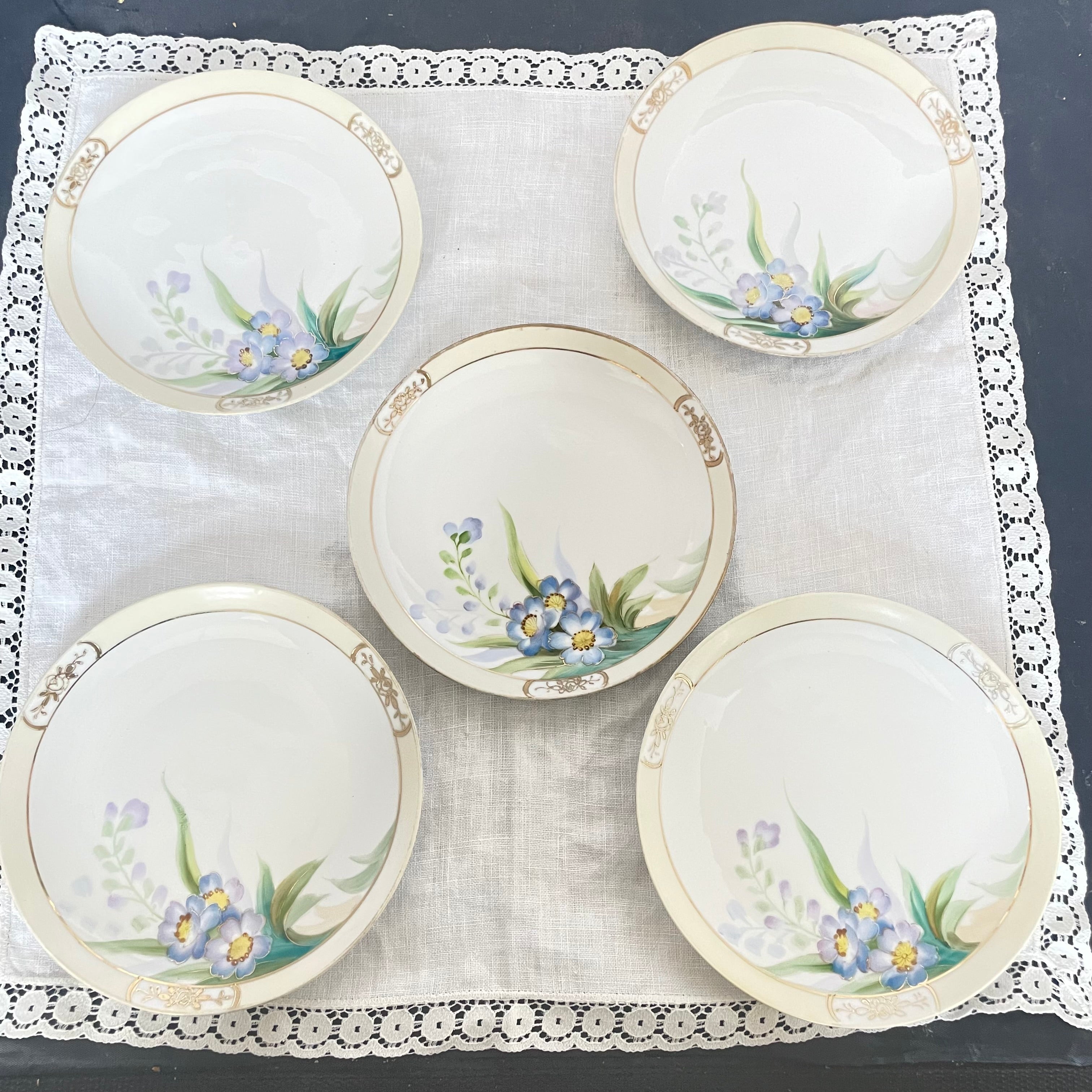 Set of 6 Pieces Antique 1920's Nippon Handpainted Serving Platter with 5 Small 6" Dessert Plates
