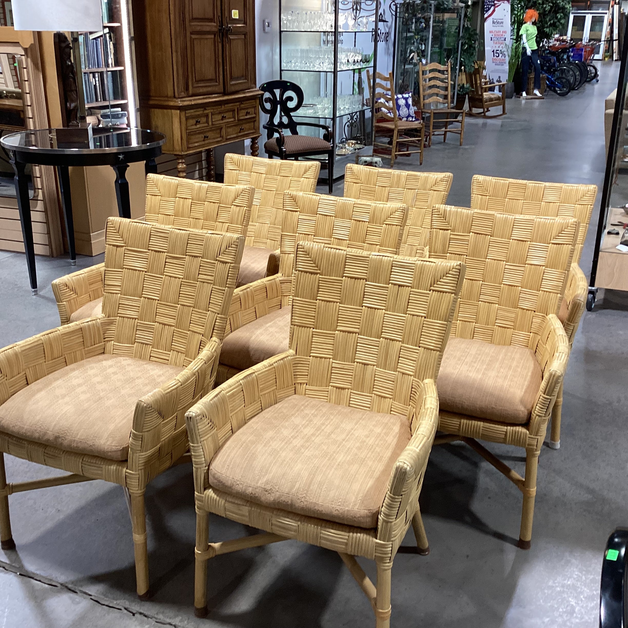 SET of 8 McGuire Style Square Basket Weave Rattan & Leather Strapping with Cushion Dining Chairs 24"x 26"x 36"