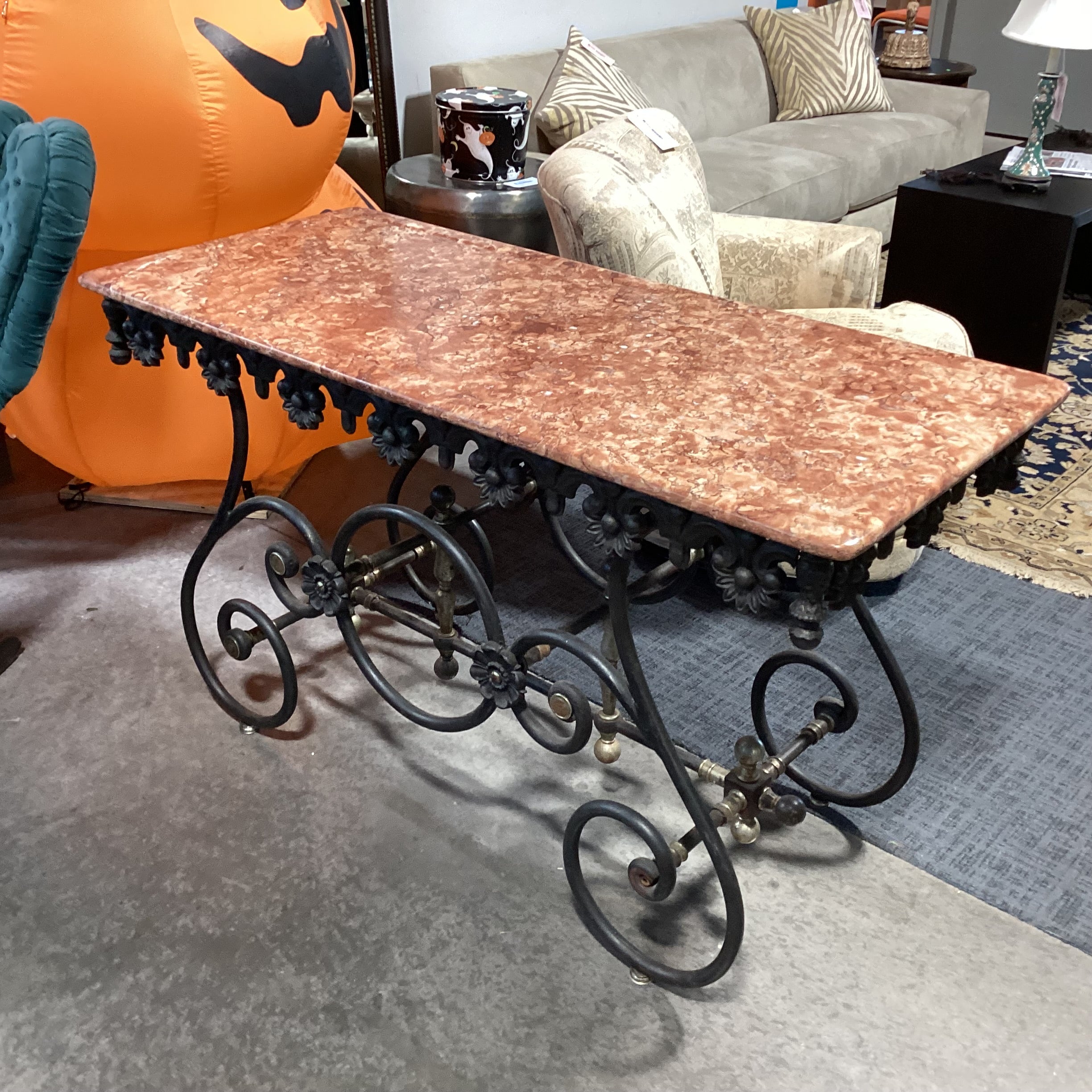 Antique French Ornate Iron & Original Marble Baker's Accent Table 52"x 23"x 31"
