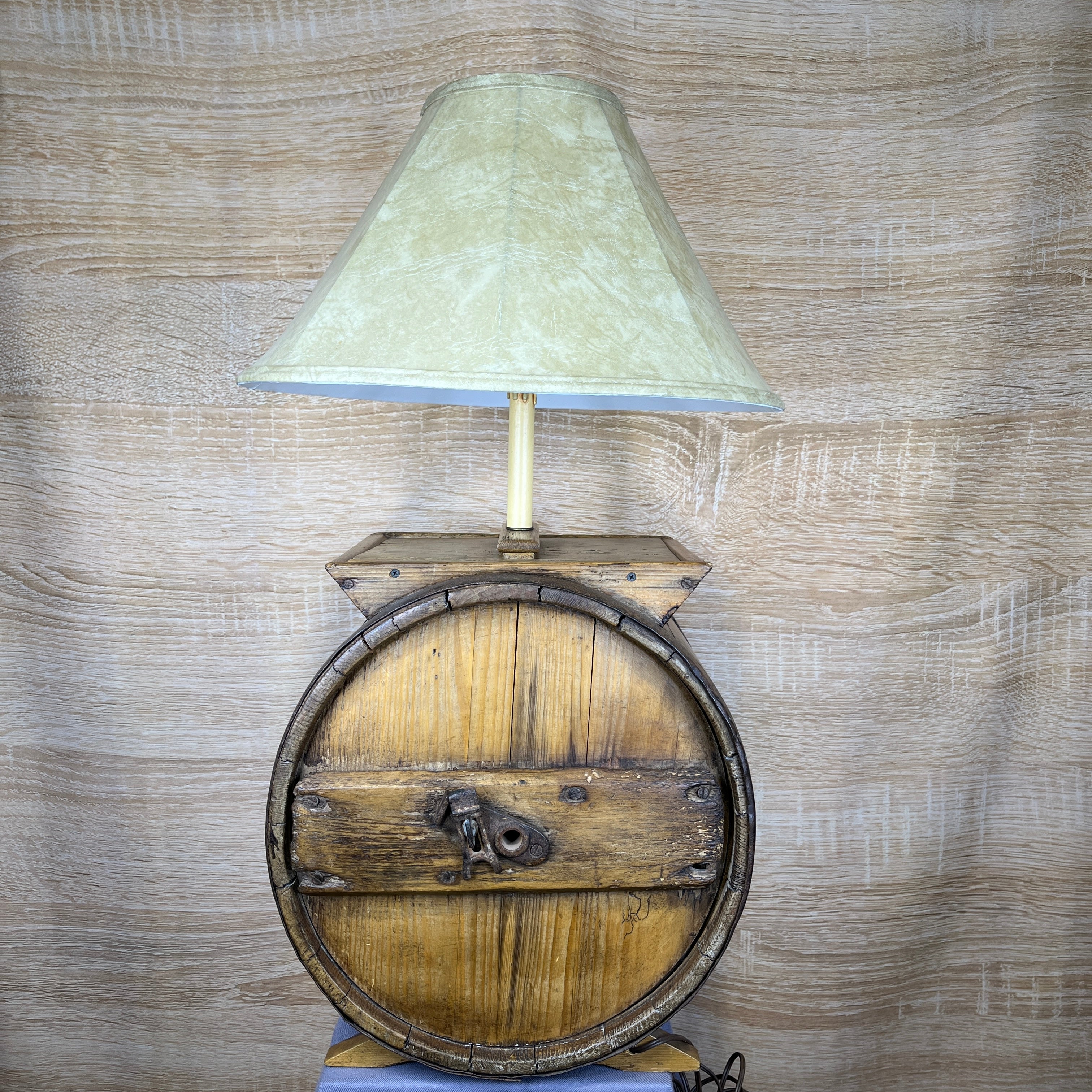 Antique Wooden Butter Churn with Shade Table Lamp 16.5"x 14"x 36"