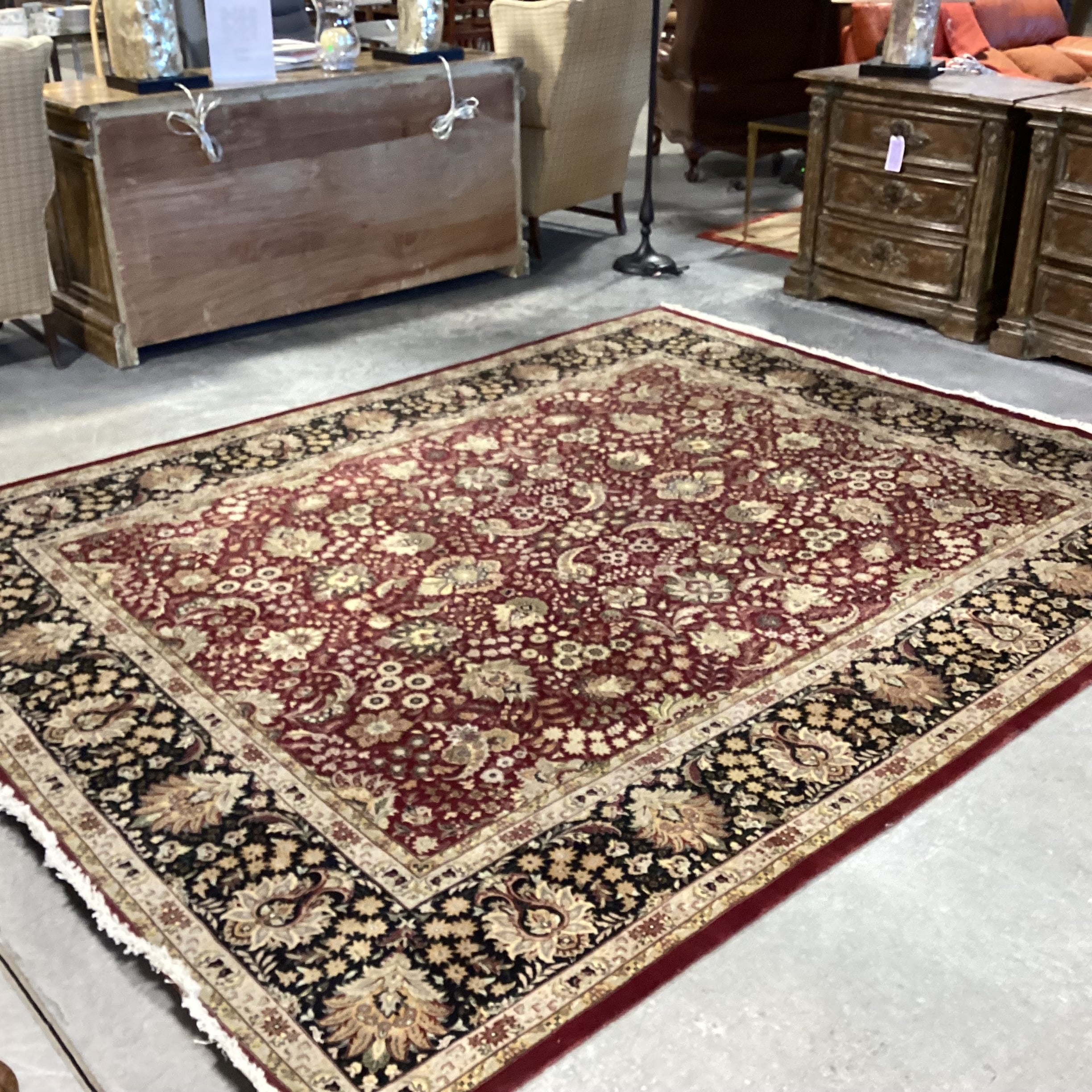 Red Black Floral with Border Hand Knotted Wool Rug 8'2"x 10'5"