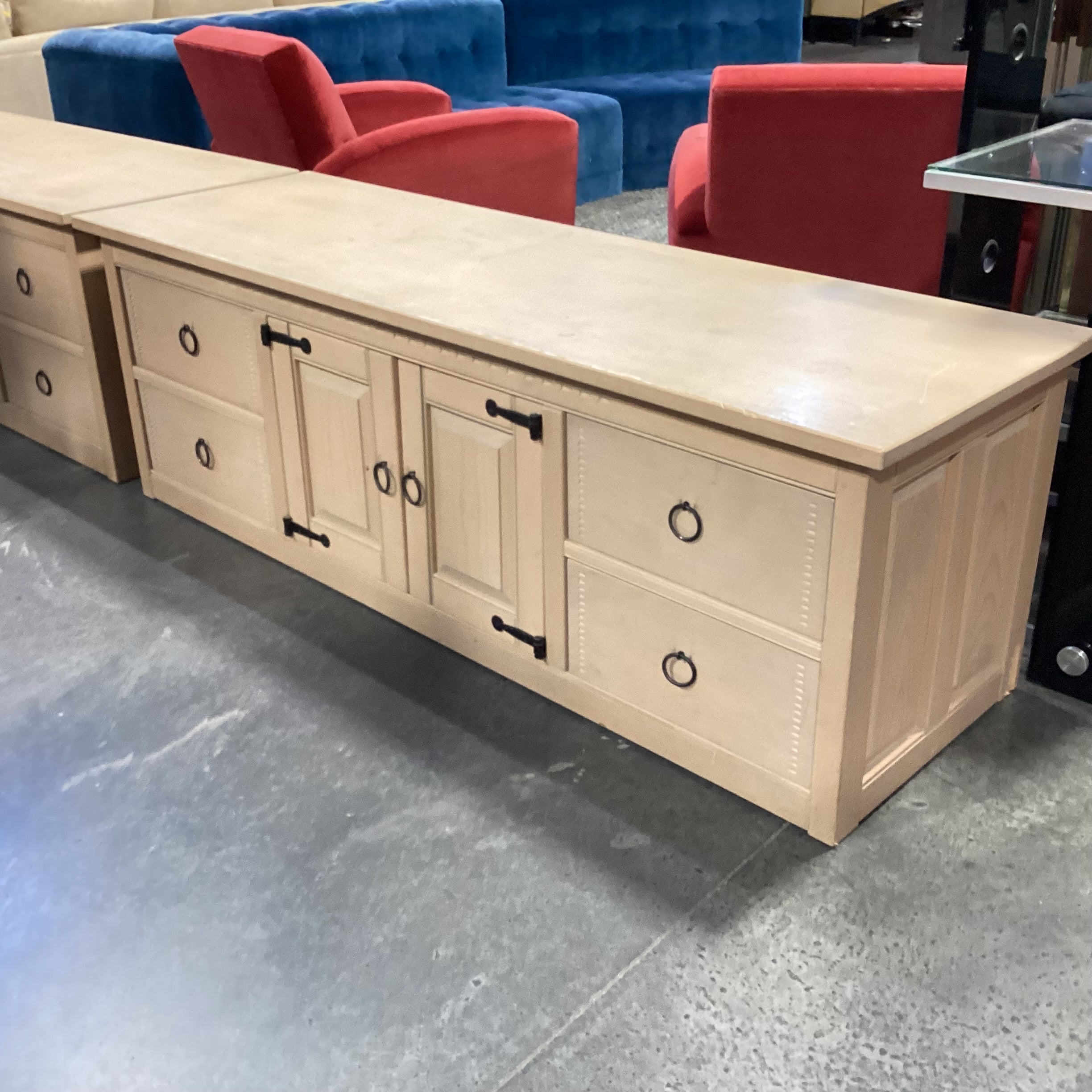 Southwest Washed Natural Wood with Iron Accent 4 Drawer 2 Door Console Credenza 75"x 24"x 25"