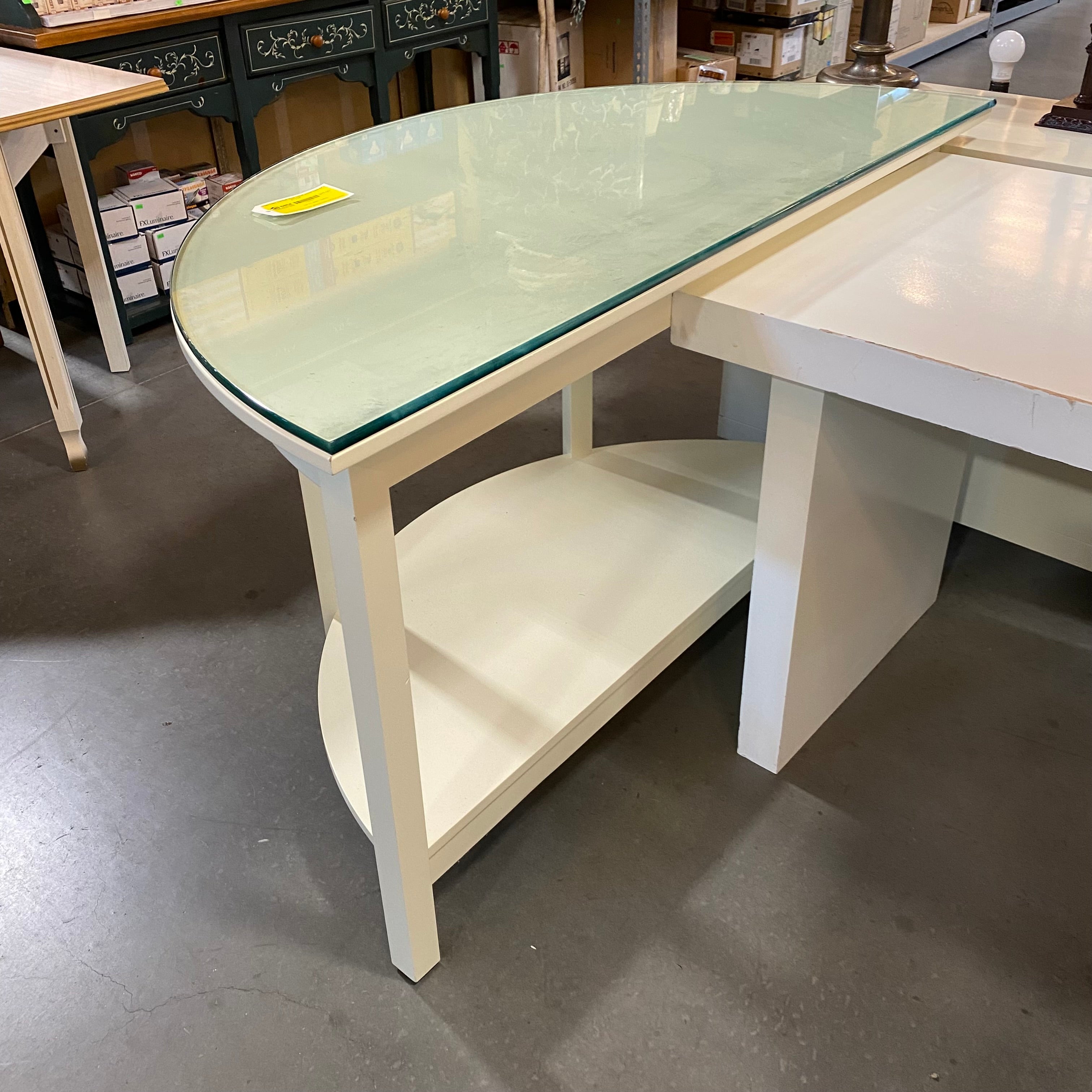 White Glass Top Half Moon 1-Shelf Accent Table 54"x 27"x 33"