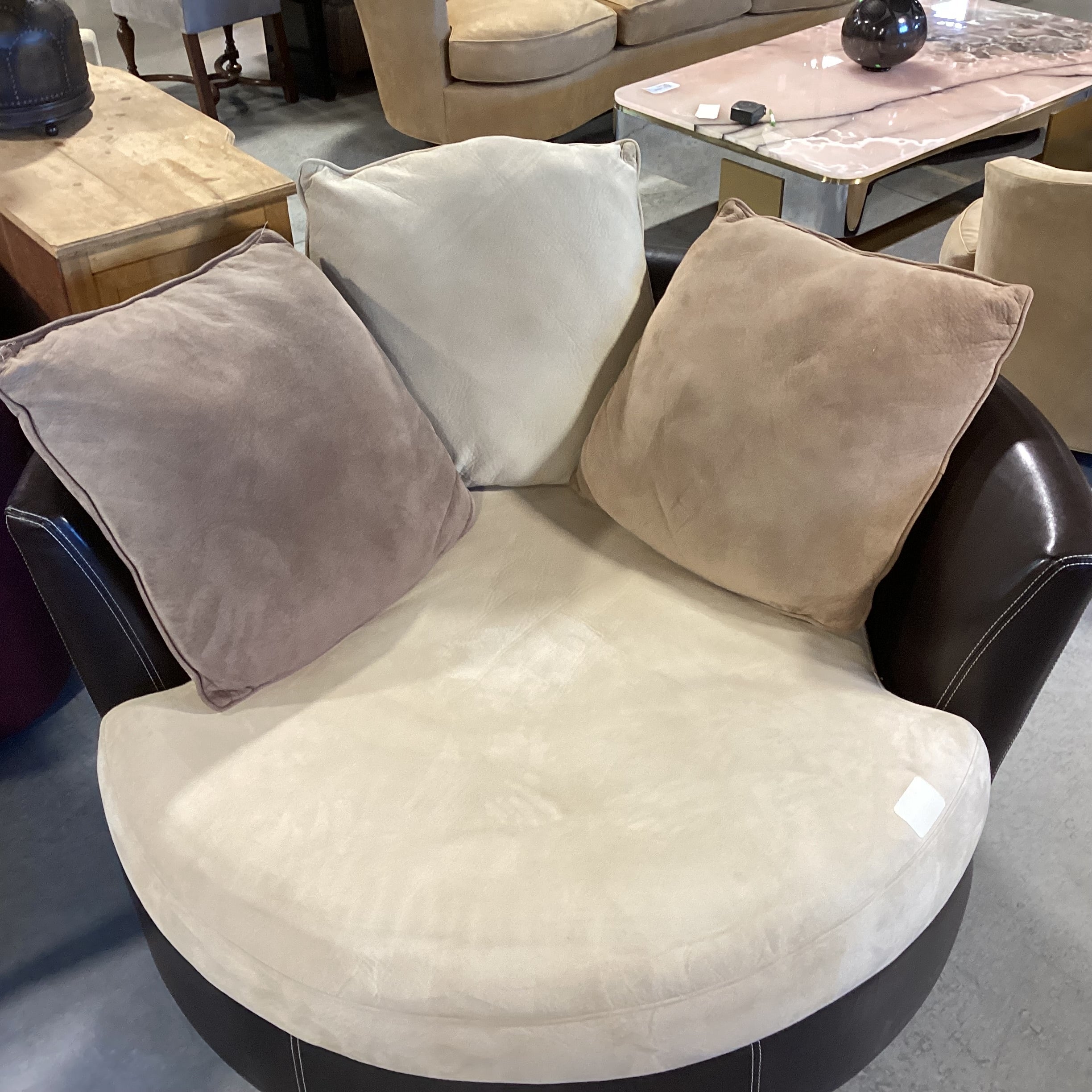Beige Brown Micro Suede & Dark Brown Faux Leather Swivel Cuddle Chair 58"x 56"x 29"