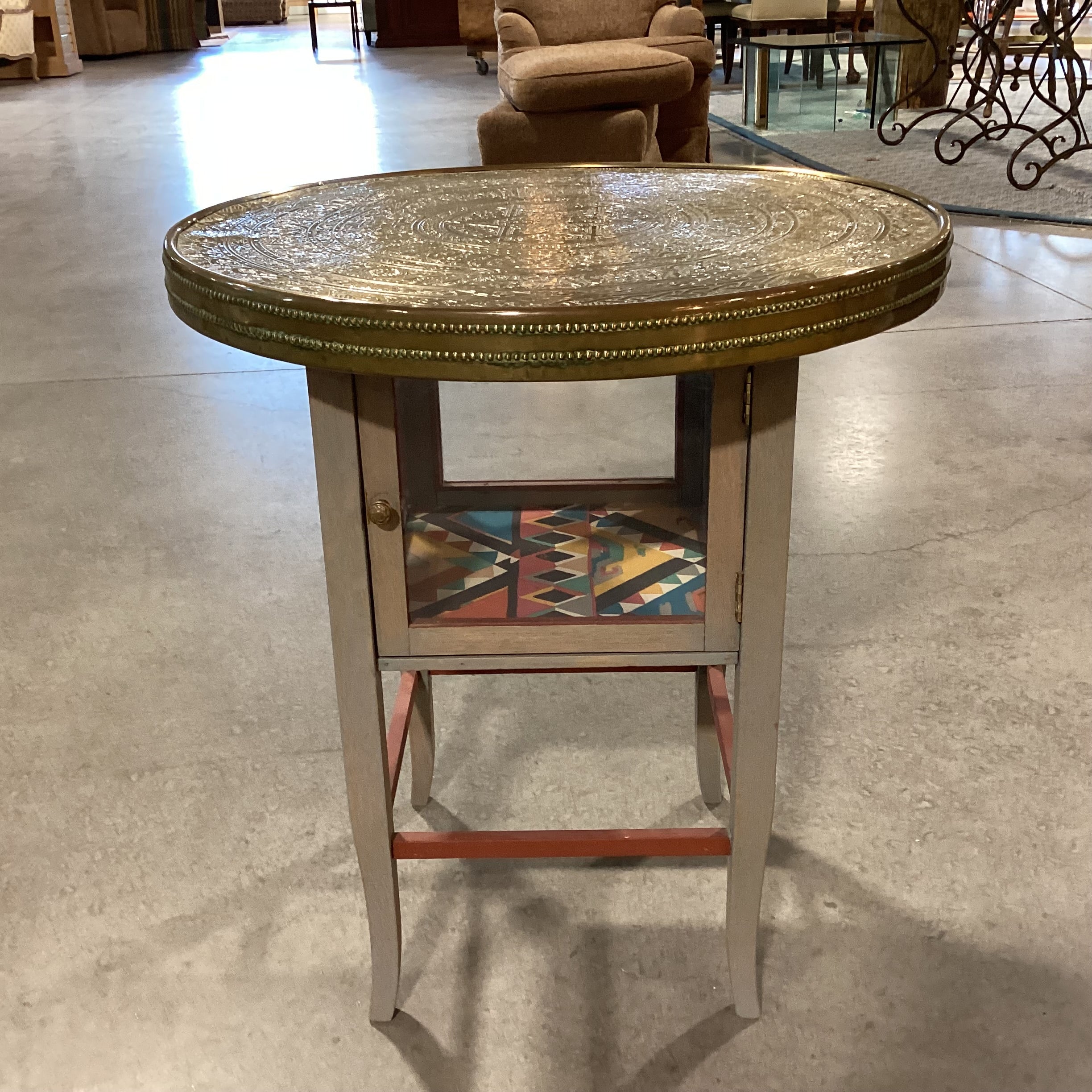 Middle East Brass Tray Top & Wood Glass 1 Door Base Accent Table 24" Diameter x 26"