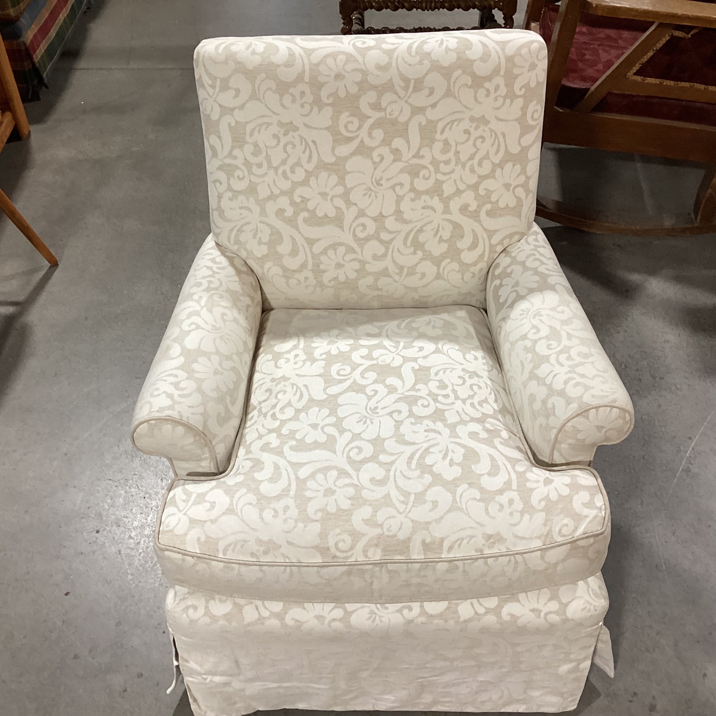 Custom Ivory Cream Linen Raised Scroll Floral Chair 32"x 34"x 35"