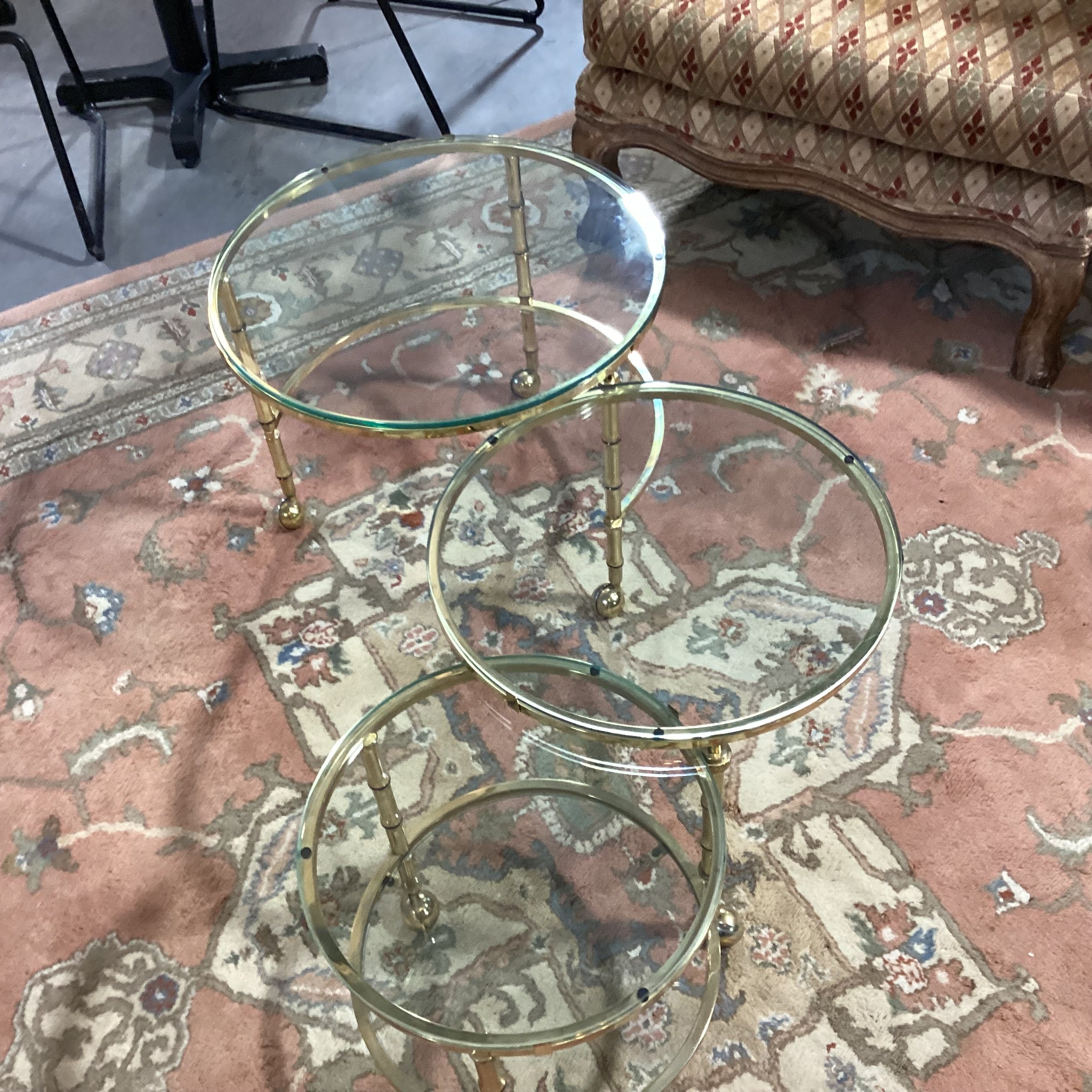Vintage Mid Century Brass Bamboo Style & Glass Rounds on Casters Fold in Expandable Coffee Table 25" to 56"x 22"x 18"