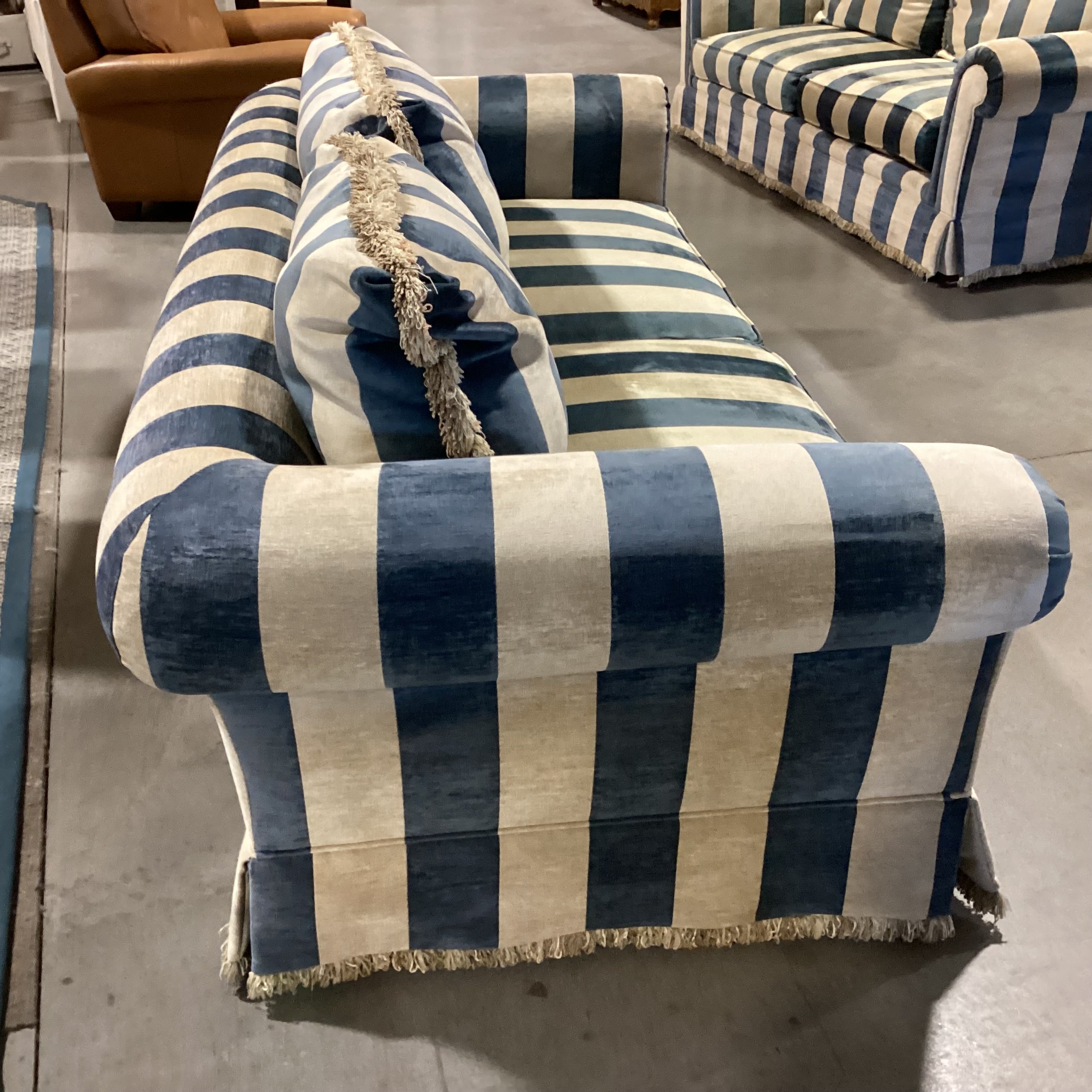 Custom Wedgewood Blue & Beige Velvet with Fringe Down Mix Sofa 96"x 44"x 30"