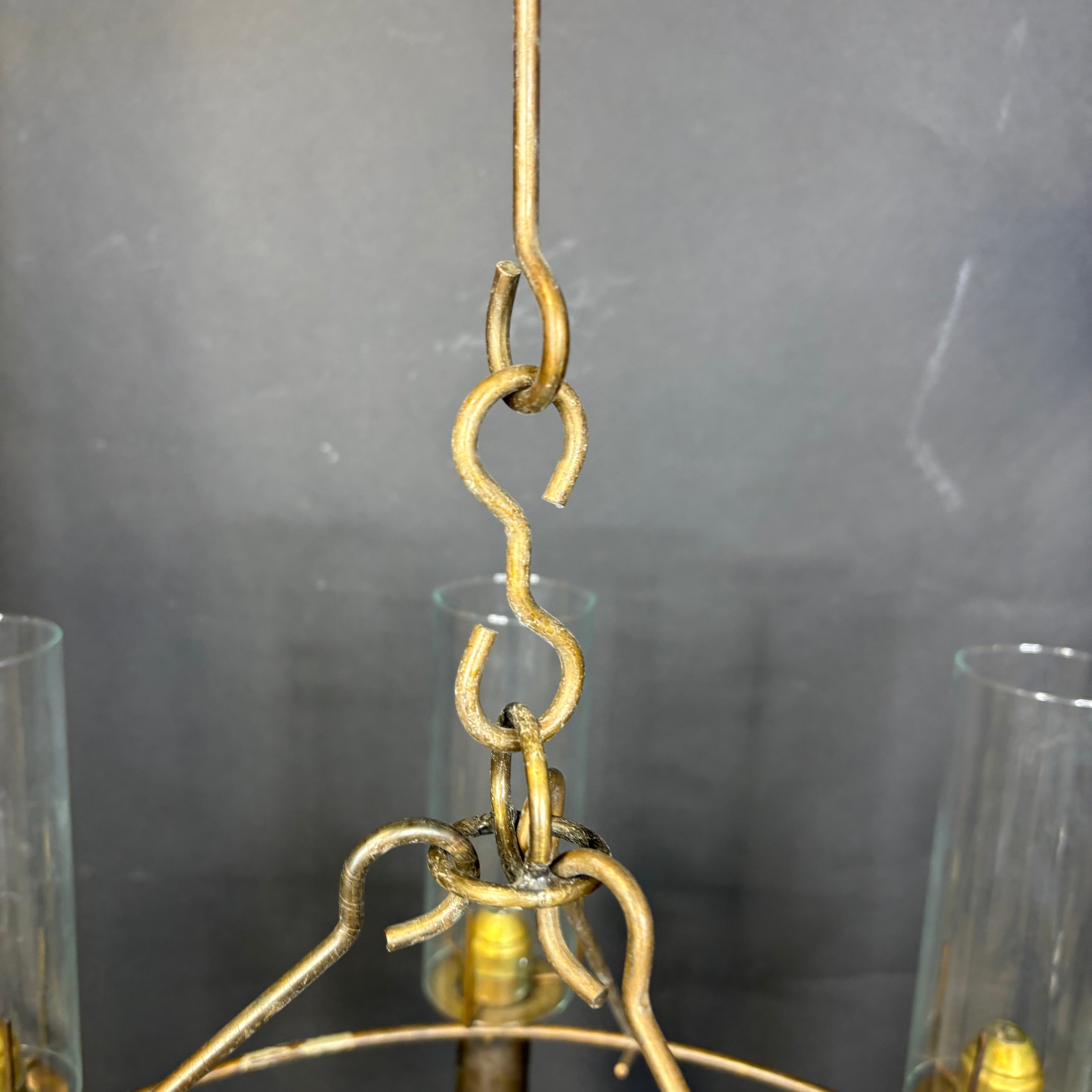 Rustic Industrial 8-Light Antiqued Brass and Glass Candle Chandelier 26” Diameter x 36”