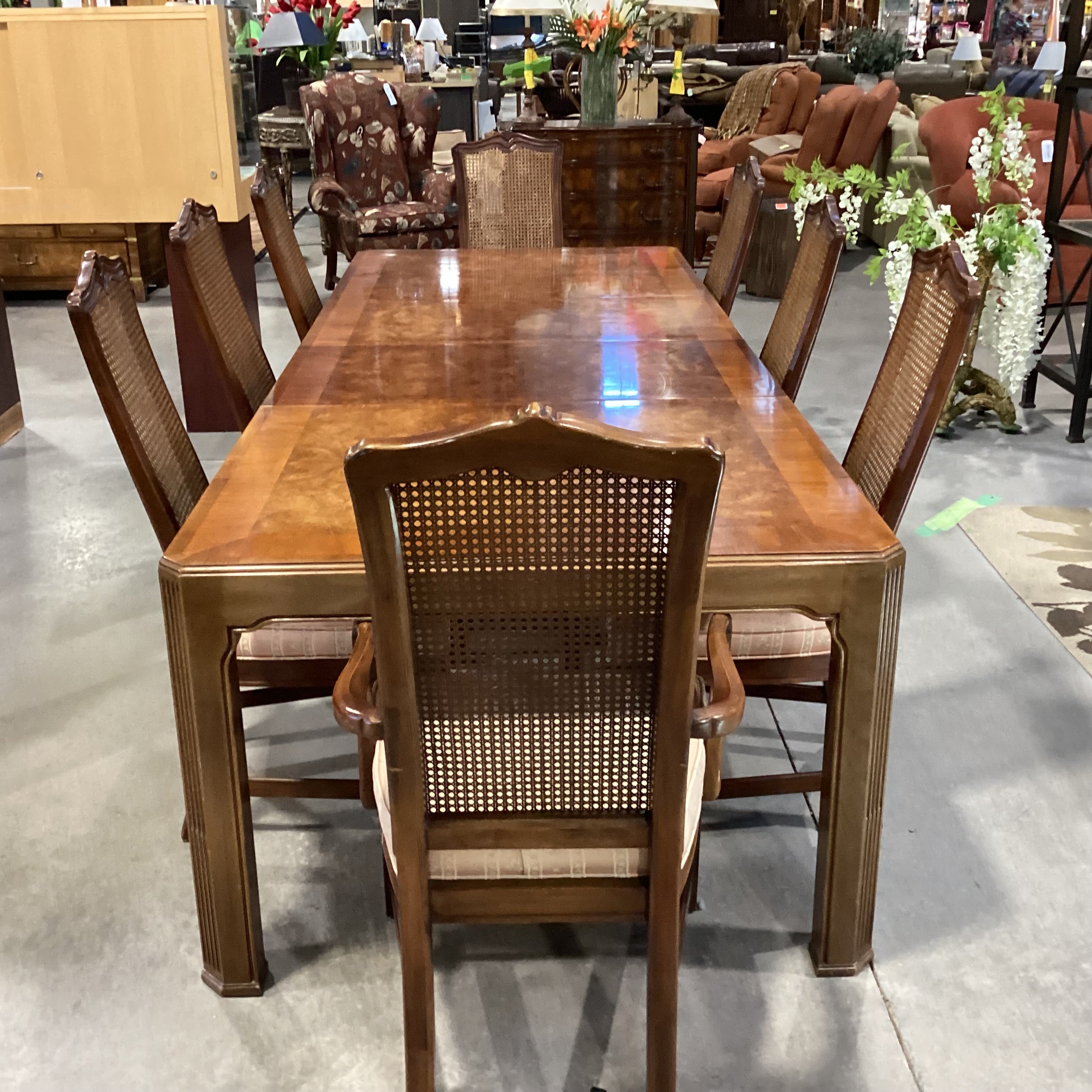 White Furniture Finished Wood & Burl Wood Veneer 2 Leaves Table with 8 Caned Chairs Dining Set 68" to 110"x 43"x 29.5"