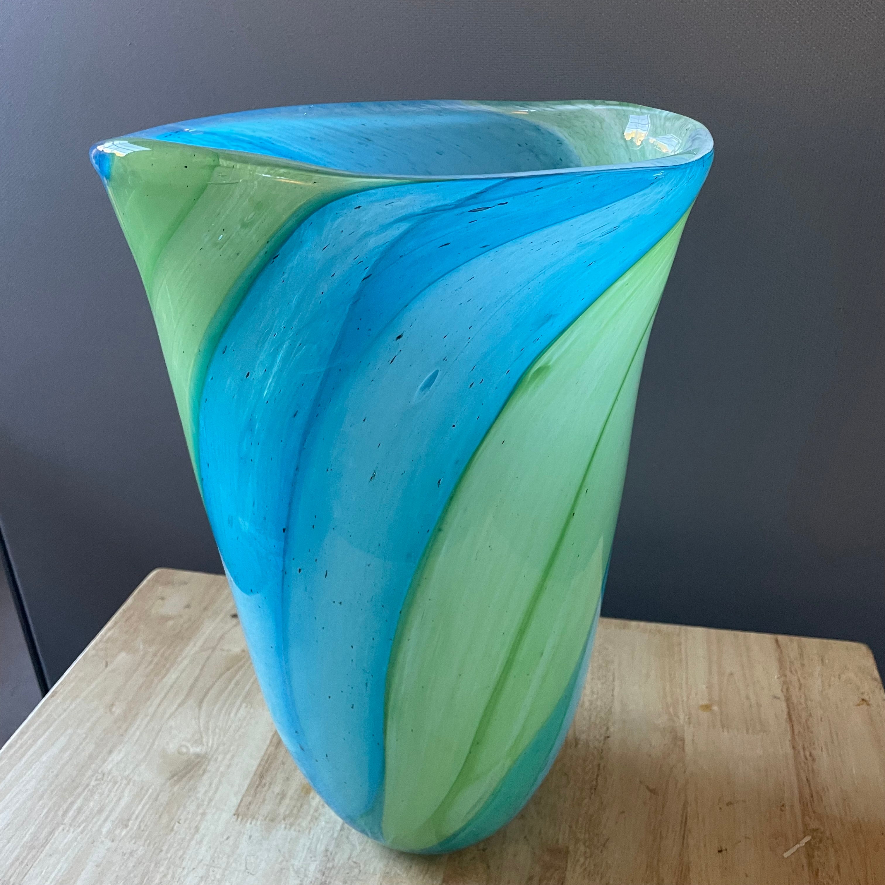 Handblown Blue/Green Swirls Glass Vase, 10"x 16"