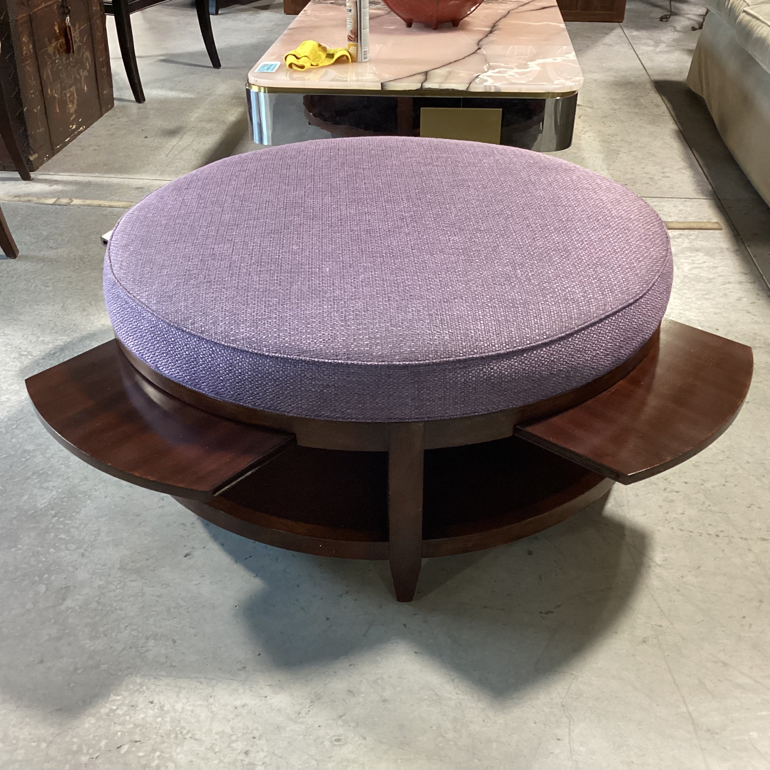 Dark Finish Wood & Plum Woven 2 Tiered with 4 Pullout Tray Sides Round Cocktail Ottoman 41" to 54" Diameter x 19"