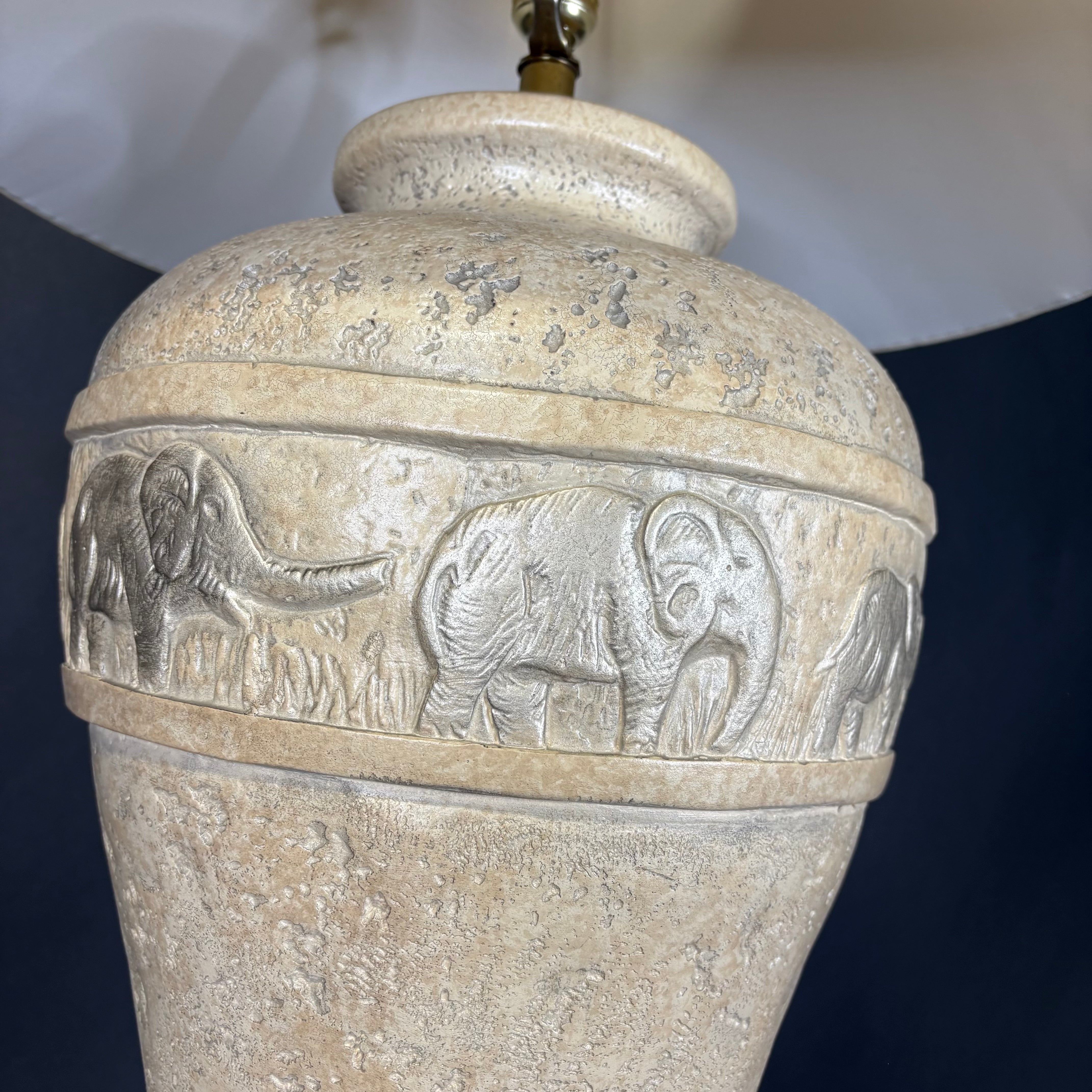 Vintage Post Modern Cream Faux Stone and Elephant Detailing with Shade Floor Lamp 20” Diameter @ Shade x 60”
