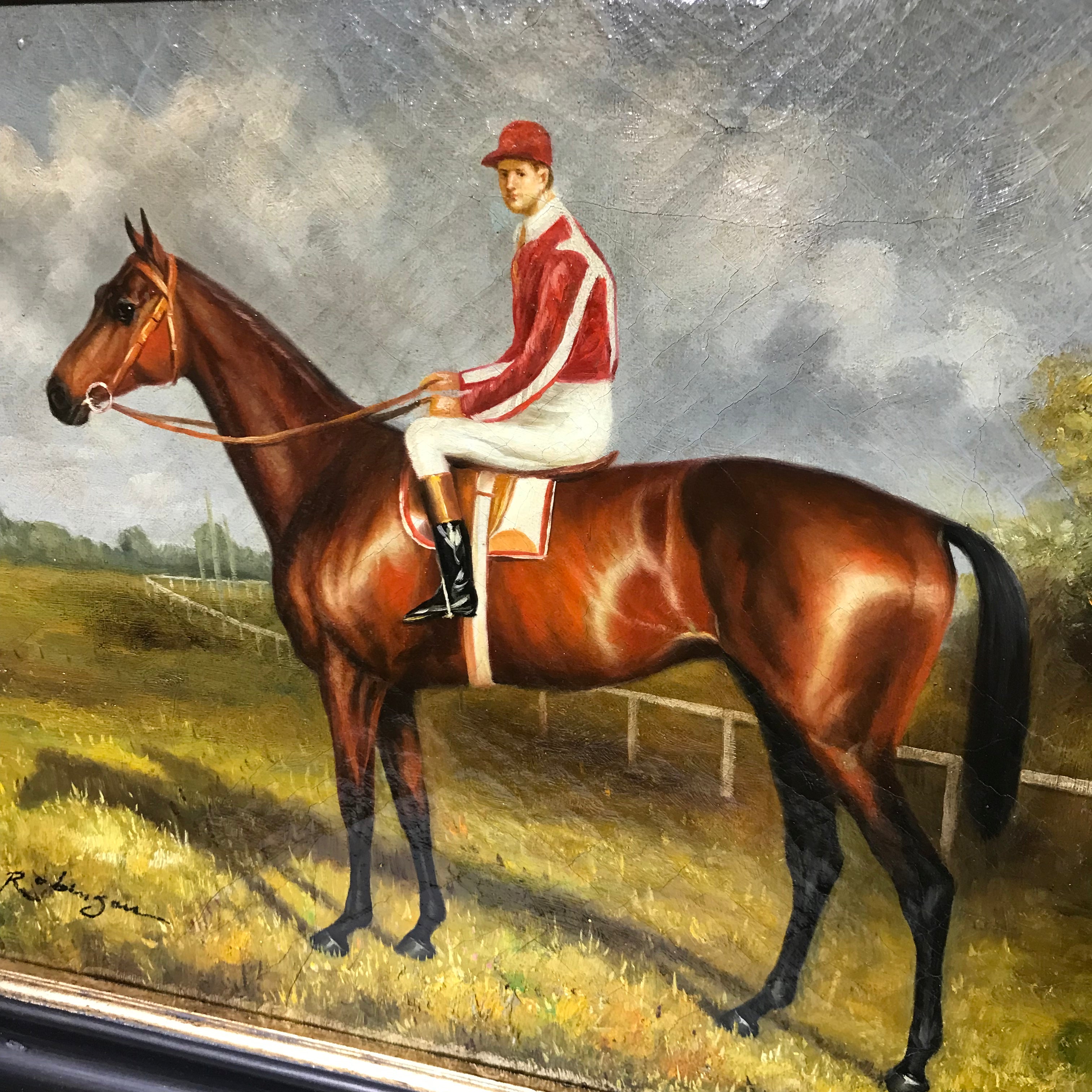 Vintage Race Horse with Jockey Oil on Canvas Framed and Signed Wall Decor 21.5"x 18"