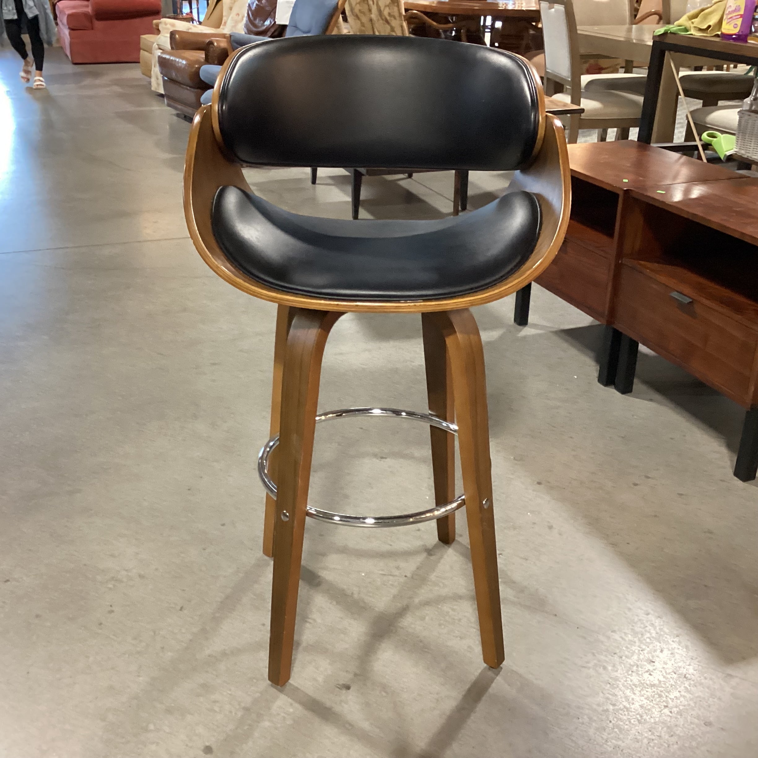 Mid Century Style Pressed Wood & Faux Black Leather Swivel Barstool 30"