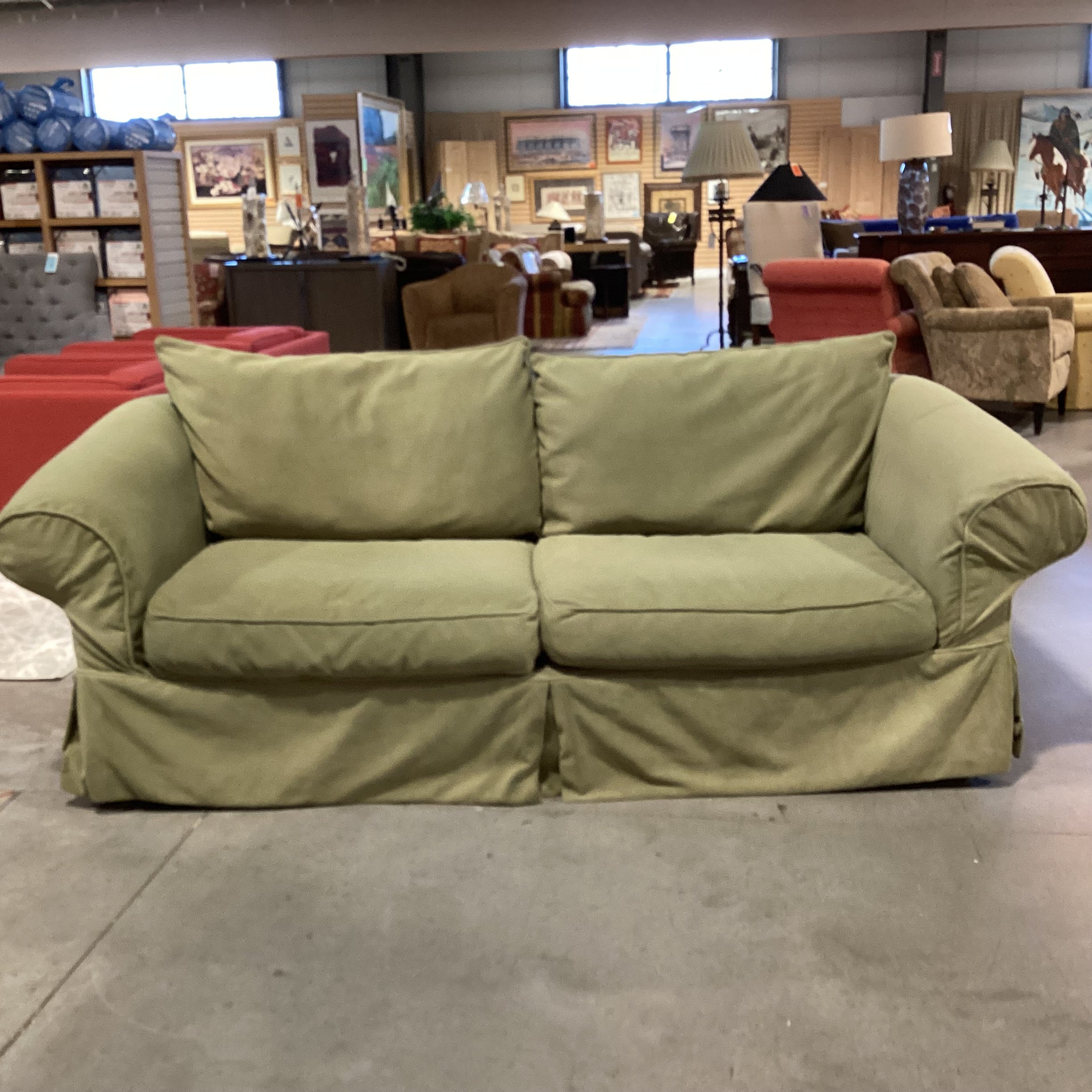 Rowe Furniture Green Plush Slipcovered Sofa 92"x 38"x 31"