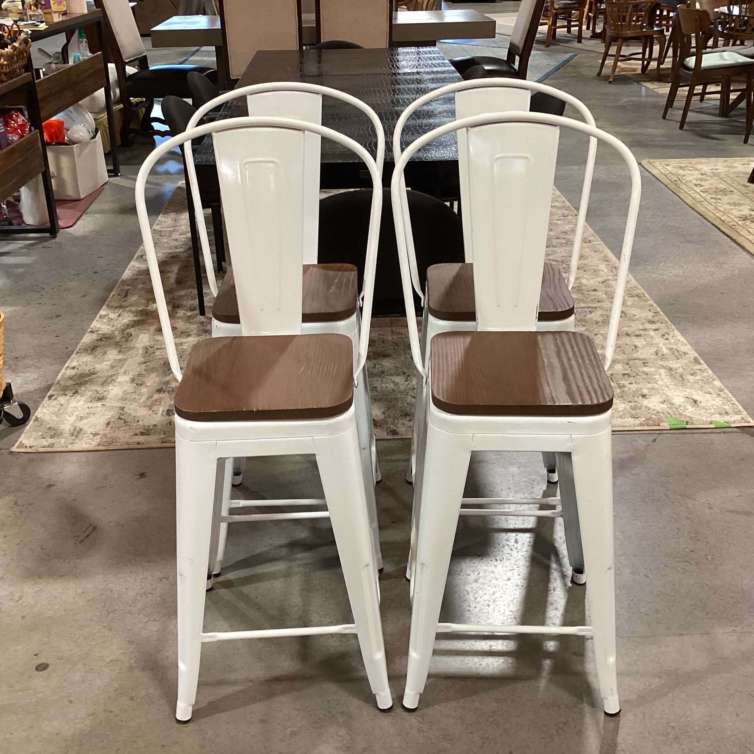 SET of 4 Industrial White Metal & Wood Seat Barstools 25"