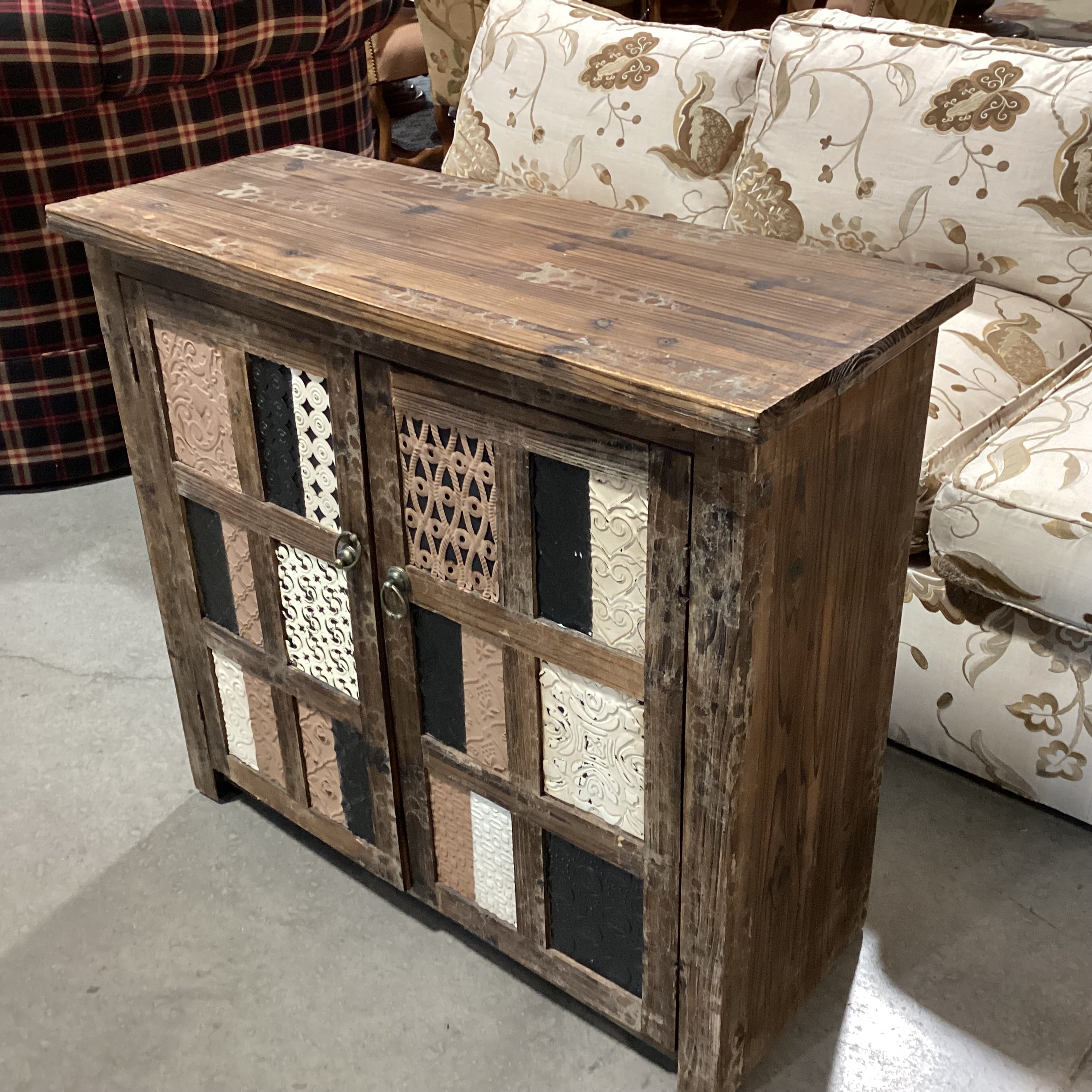 Rustic Distressed Wood & Tin Design Panes 2 Door Cabinet Console 36"x 15"x 32.5"