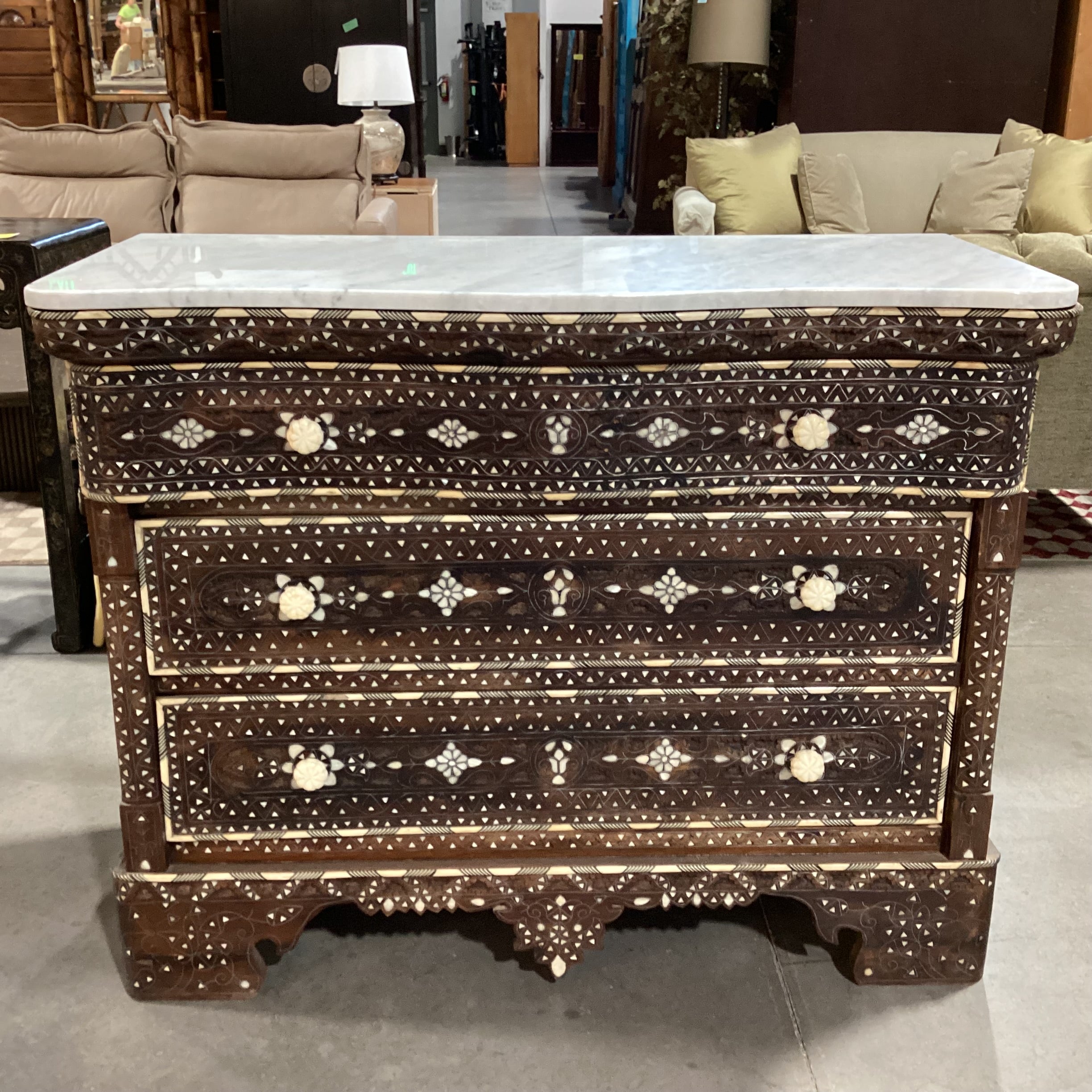 Damascus Carved Wood Mother of Pearl Inlay & Marble Top Wedding Chest 45.5"x 20.5"x 37"