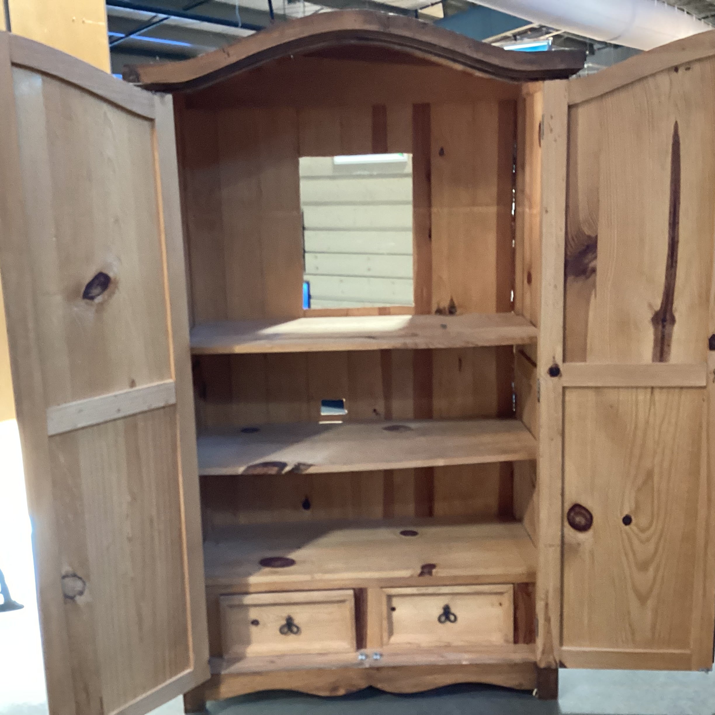 Rustic Carved Solid Pine 2 Door With Shelves & 2 Drawer Armoire 47"x 23"x 78"