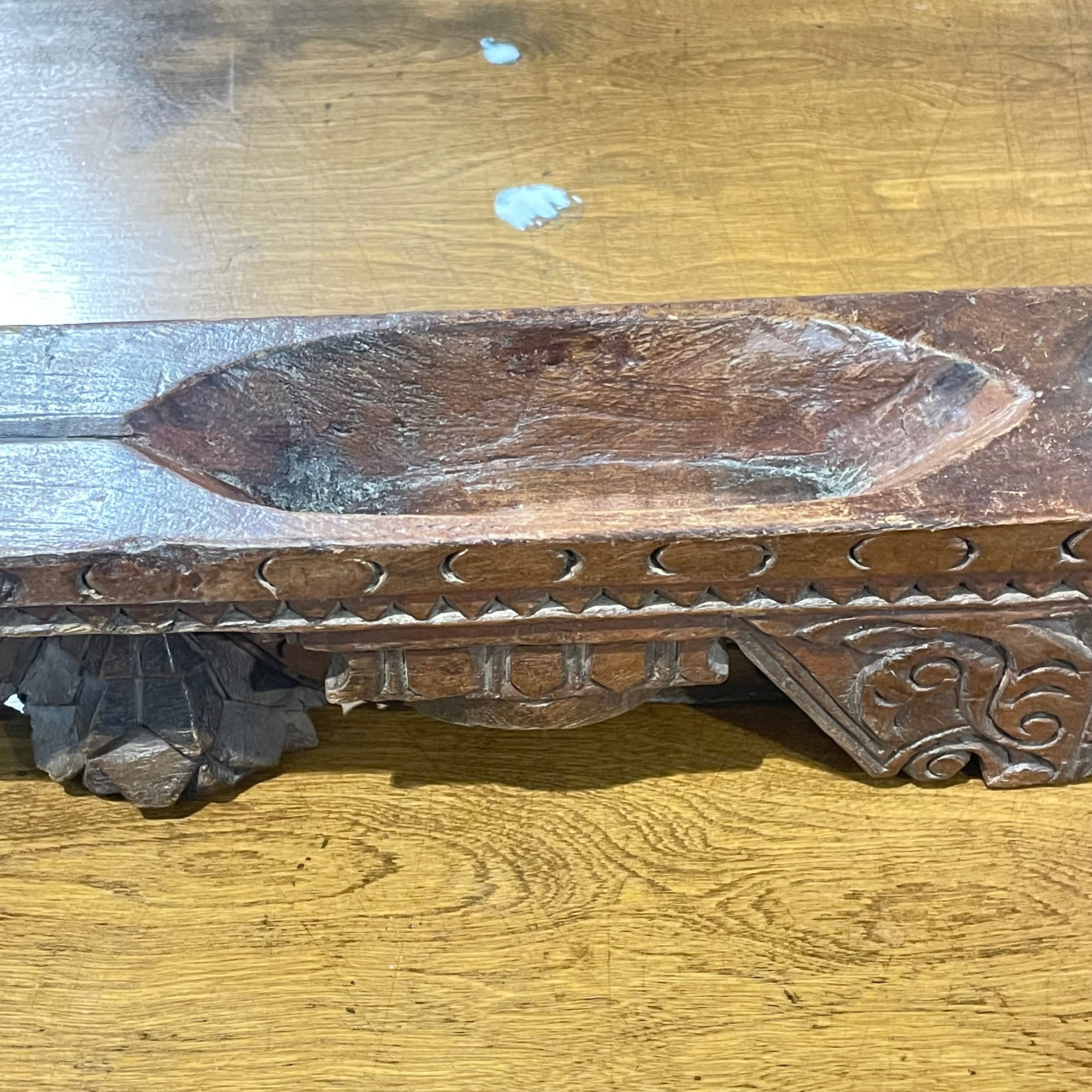 Hand Carved Floral Detail Teak Wood Kharal/Opium Milk Bowl with Horse Head,16" 3.2" 3.5"