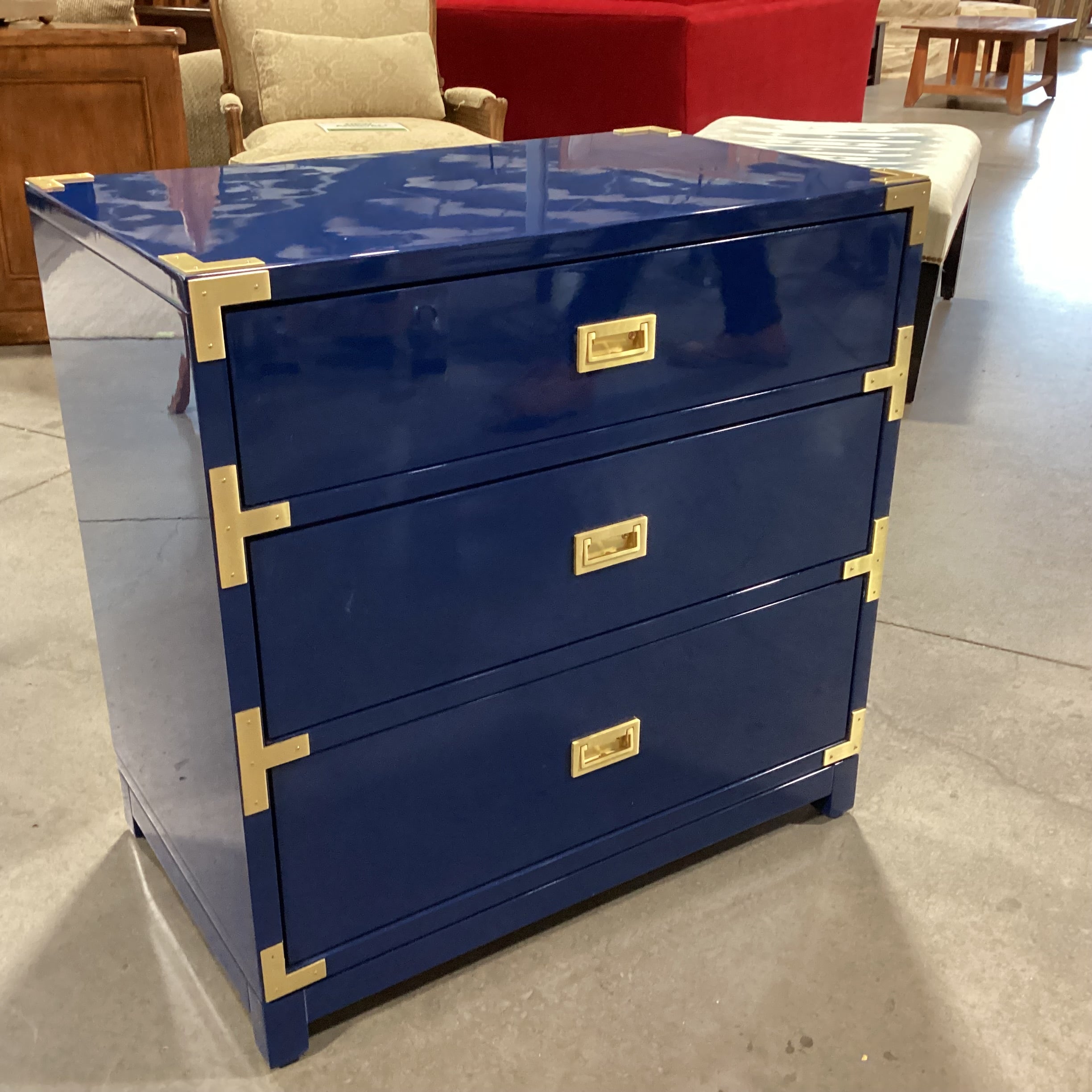 Navy Lacquer & Brass Campaign 3 Drawer Chest 30"x 18.5"x 30.5"