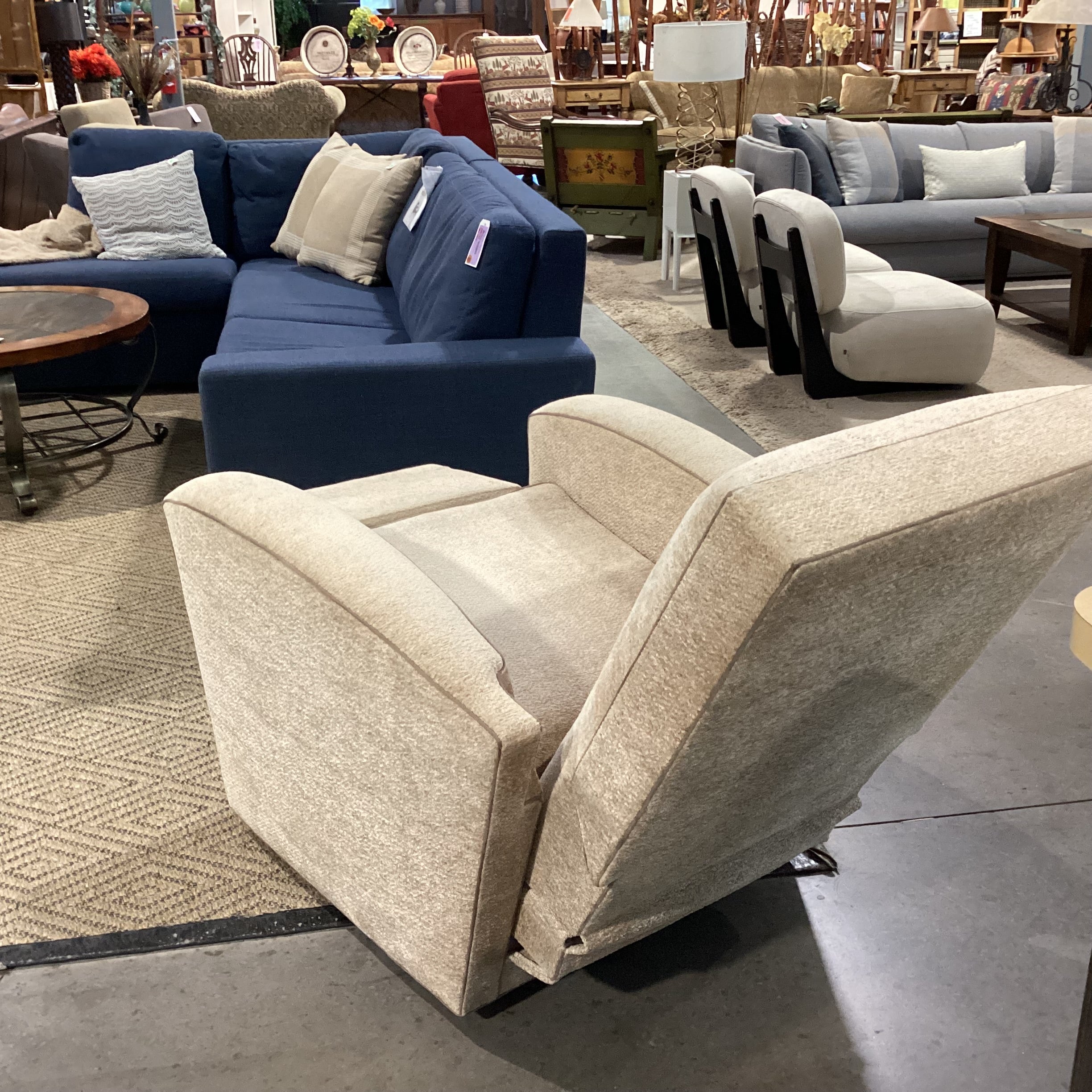Beige Texture Woven Chenille with Taupe Piping Swivel Recliner Chair 35"x 40" to 66"x 41"